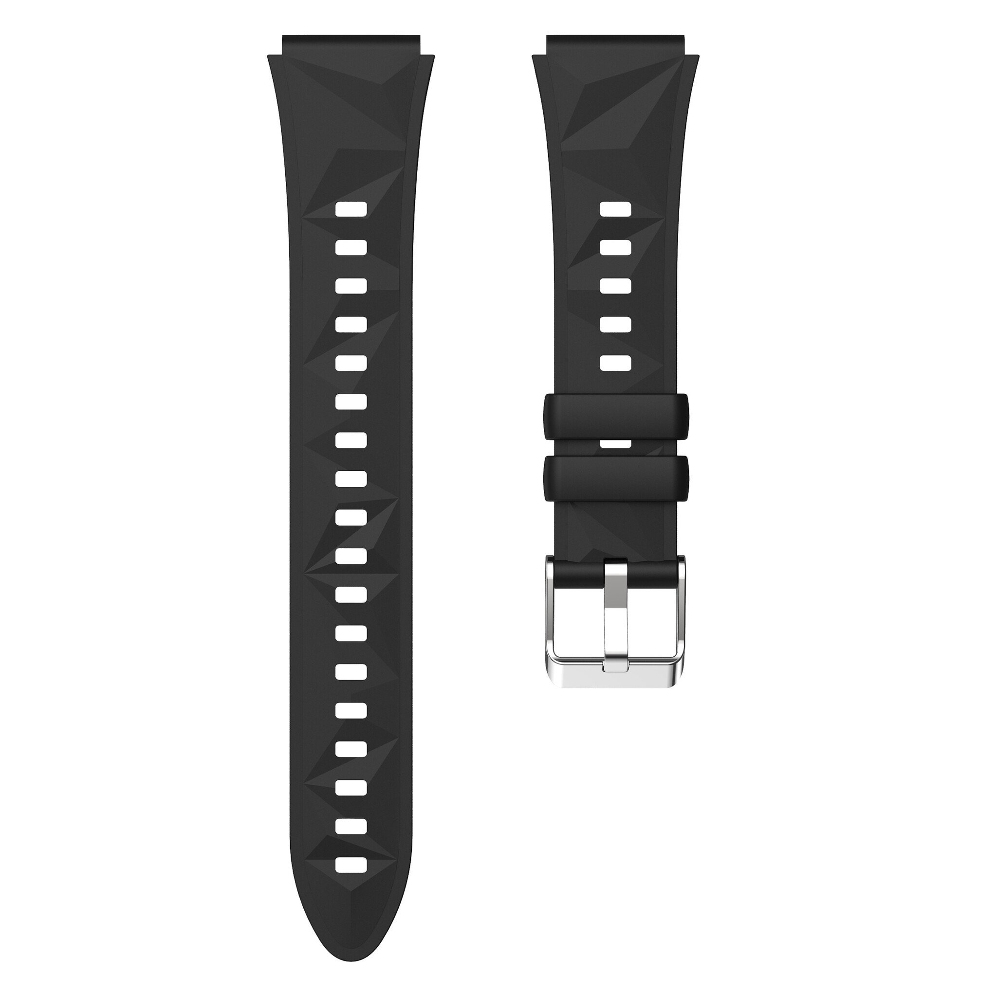Zwei schwarze Uhrenarmbänder. Eines hat Löcher mit weißen Punkten, das andere eine Schnalle. Weißer Hintergrund.