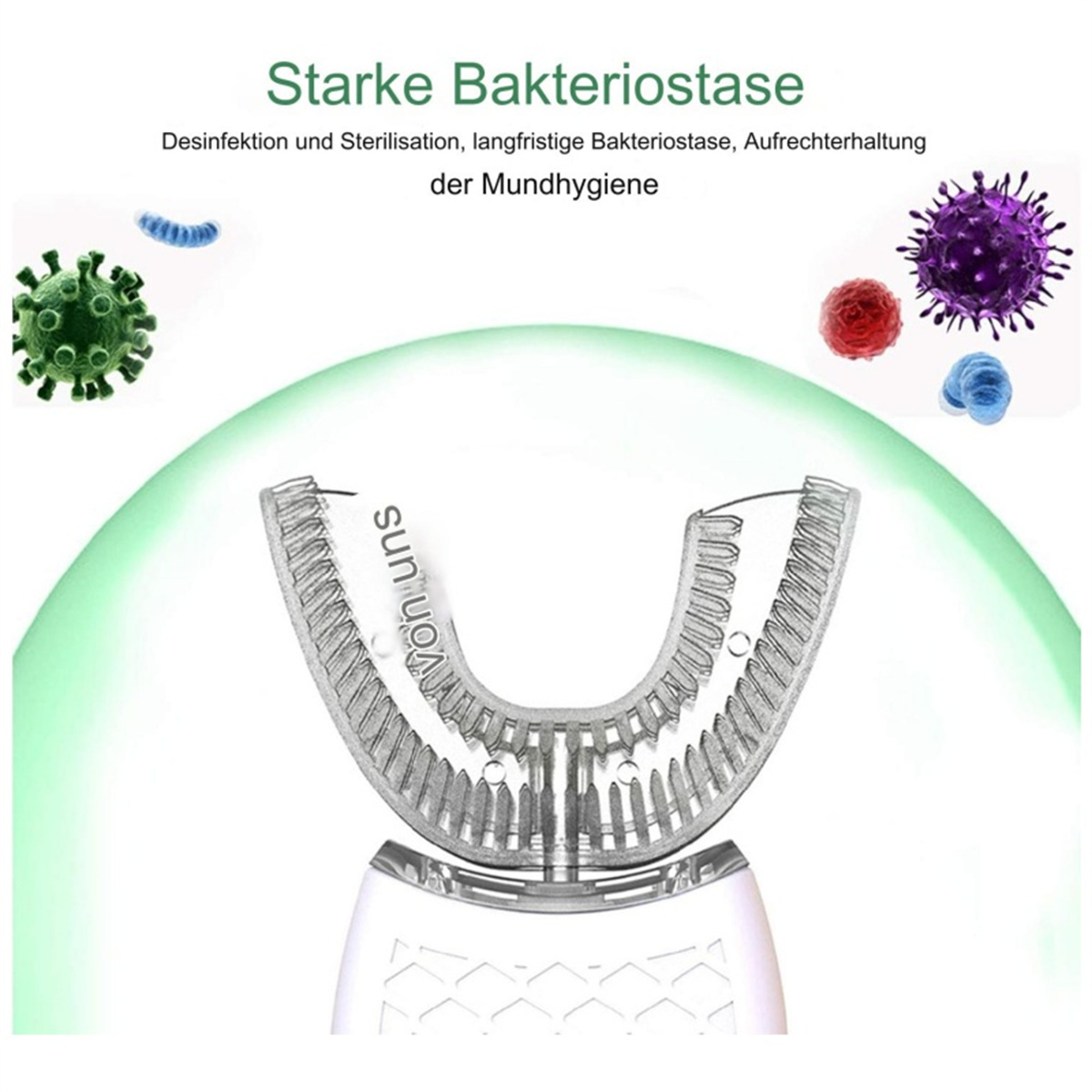 U-förmiges Gerät mit Borsten und Text. Text: Starke Bakteriostase, Desinfektion und Sterilisation.