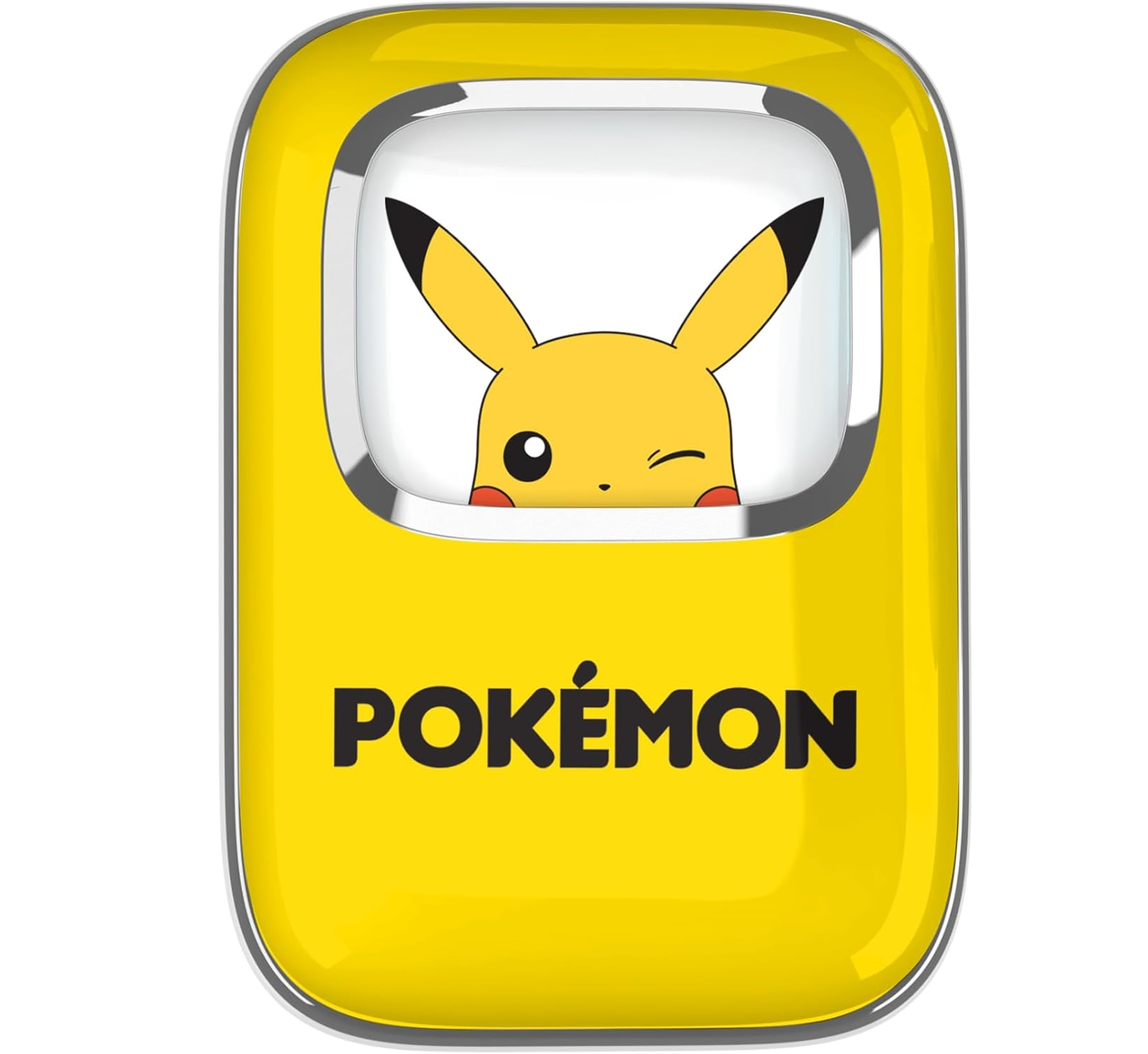 Żółty telefon Pokémon z Pikachu na wyświetlaczu i słowem Pokémon.