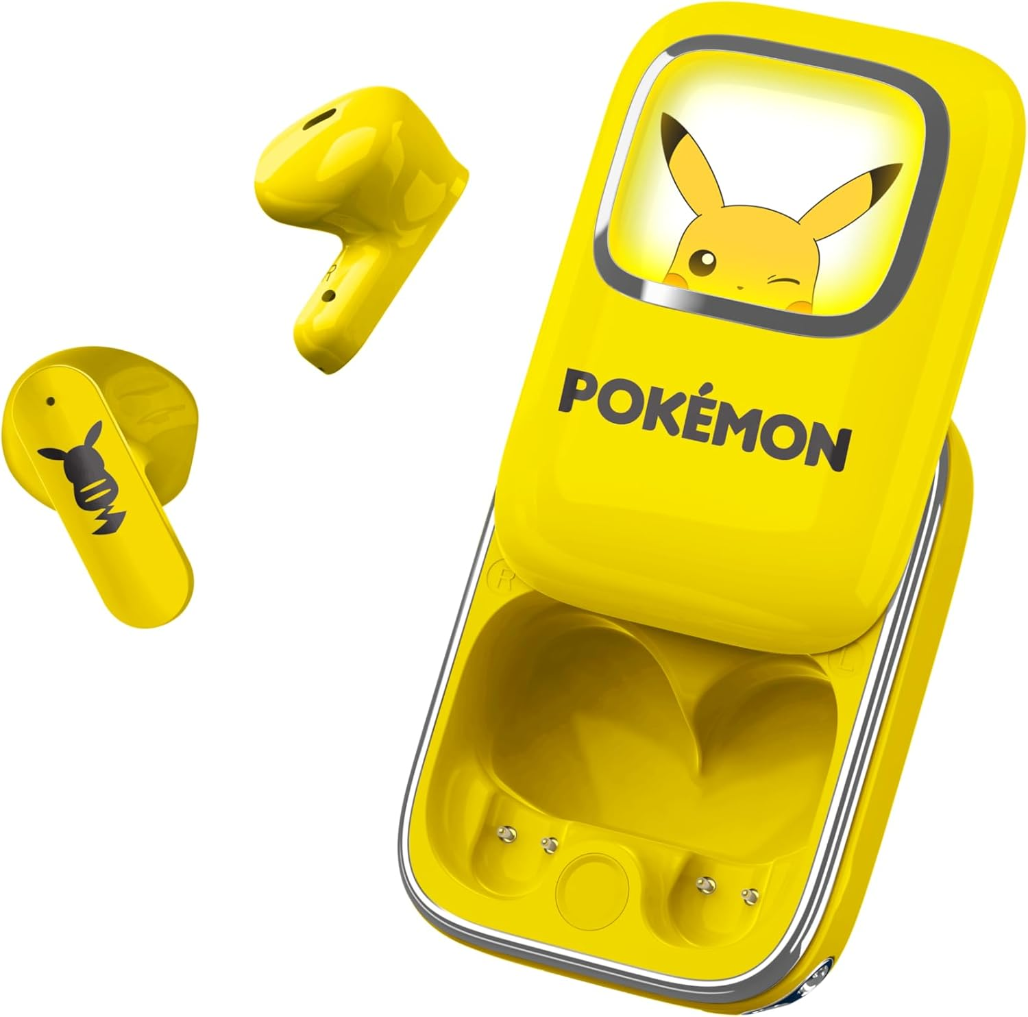 Żółty zestaw słuchawek Pokemon i etui ładujące. Obraz Pikachu na pokrywie i jednej słuchawce.
