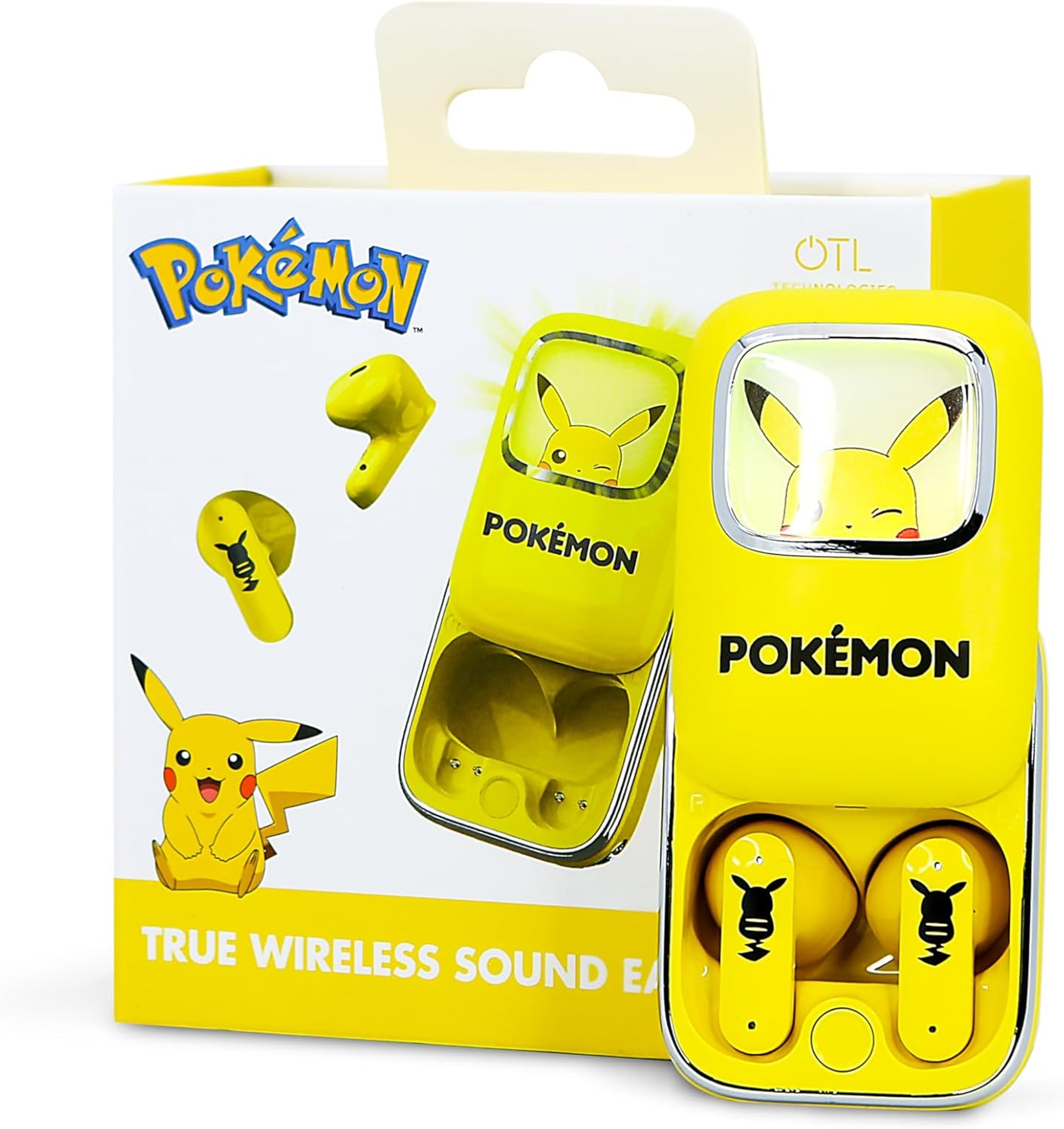 Żółte słuchawki Pokémon w etui. Pudełko ma logo Pokémon i grafikę Pikachu.