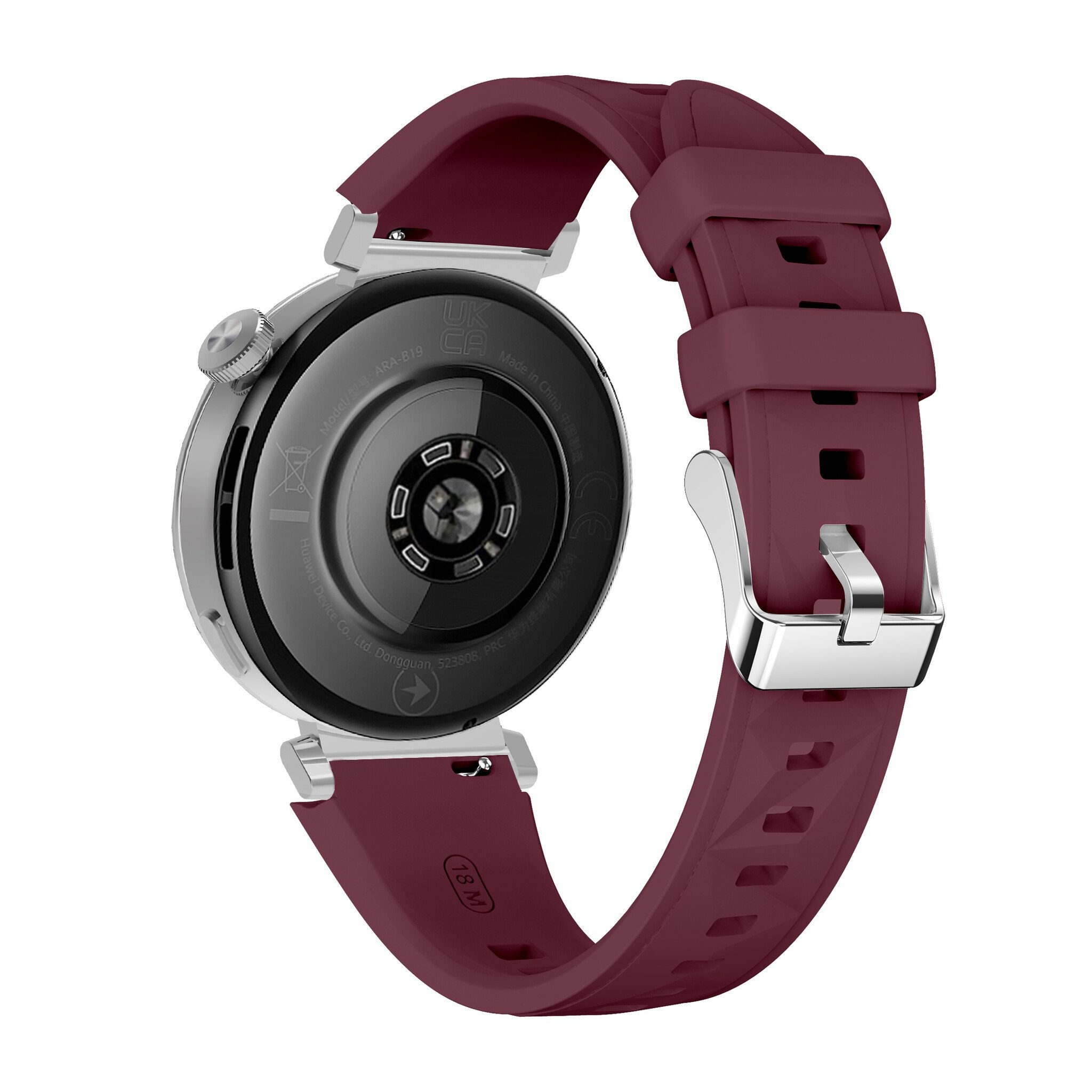Bordeauxrote Smartwatch mit bordeauxrotem Armband, silbernen Akzenten und digitaler Anzeige.