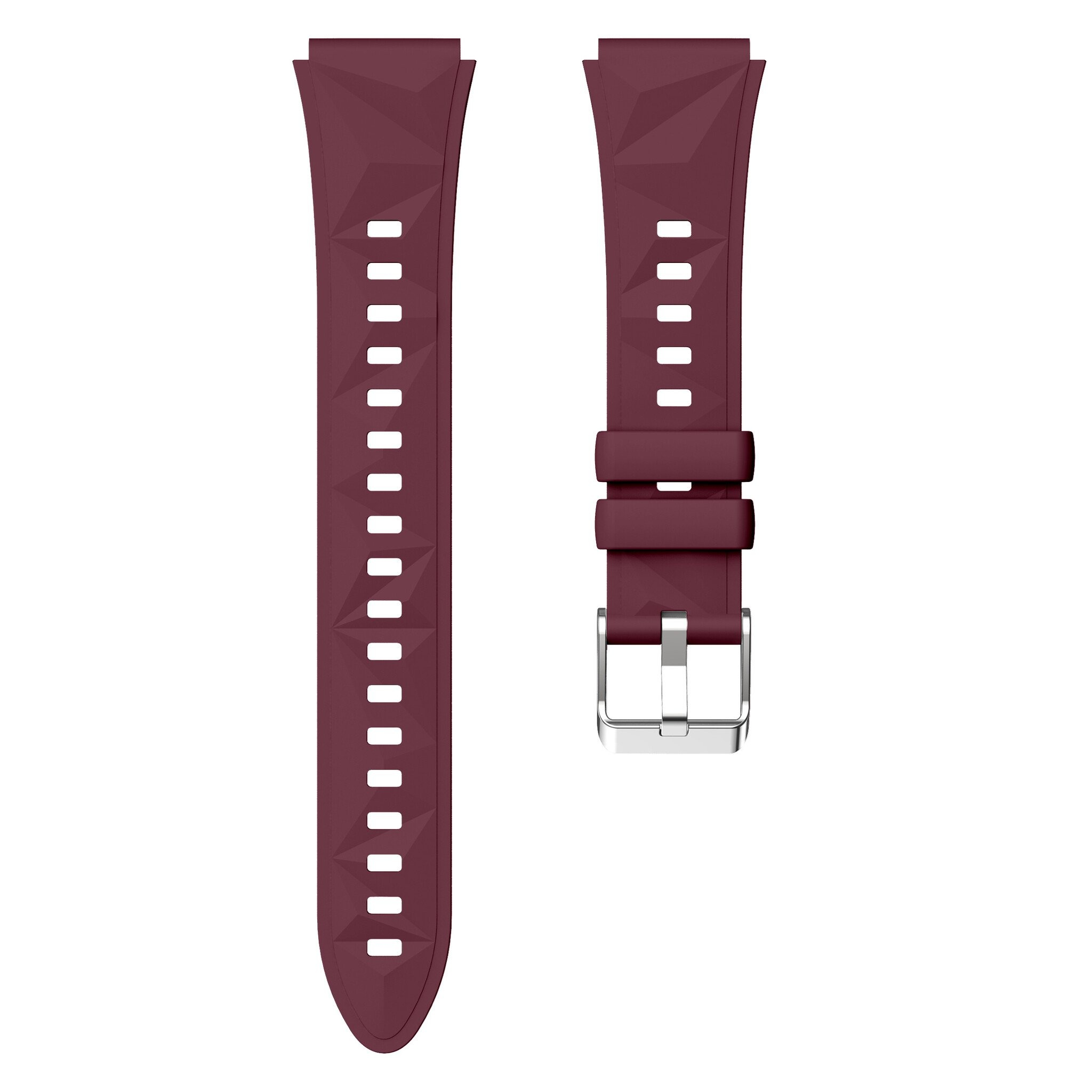 Zwei Armbänder, weinrot. Sie haben strukturierte Oberflächen und Löcher zur Anpassung.