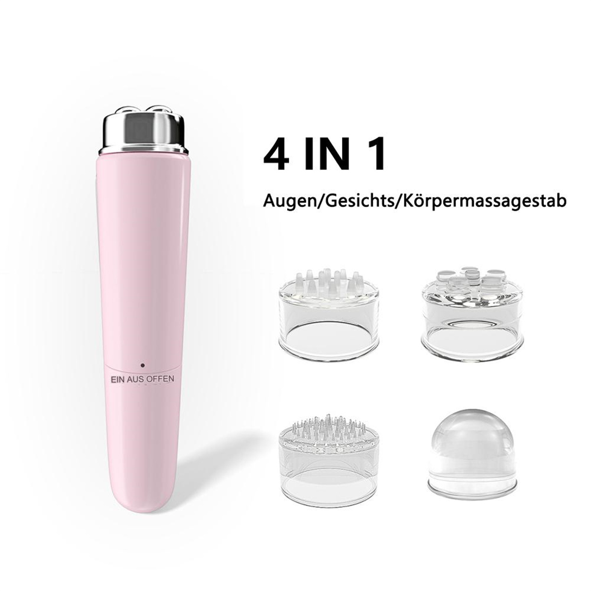 Pinker 4-in-1-Gesichtsmassager. Enthält Aufsätze: drei transparente Becher und ein pinker, zylindrischer Massager.