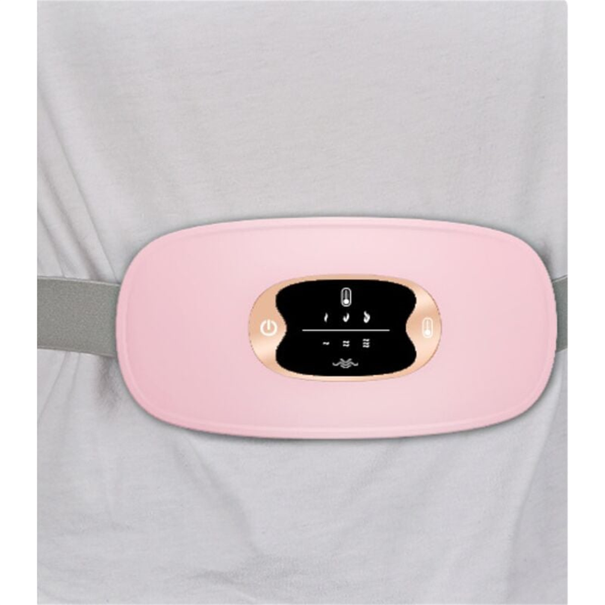 Rosa Menstruations-Wärmepad, das auf der Taille einer Person getragen wird. Das Pad hat ein LCD-Display.