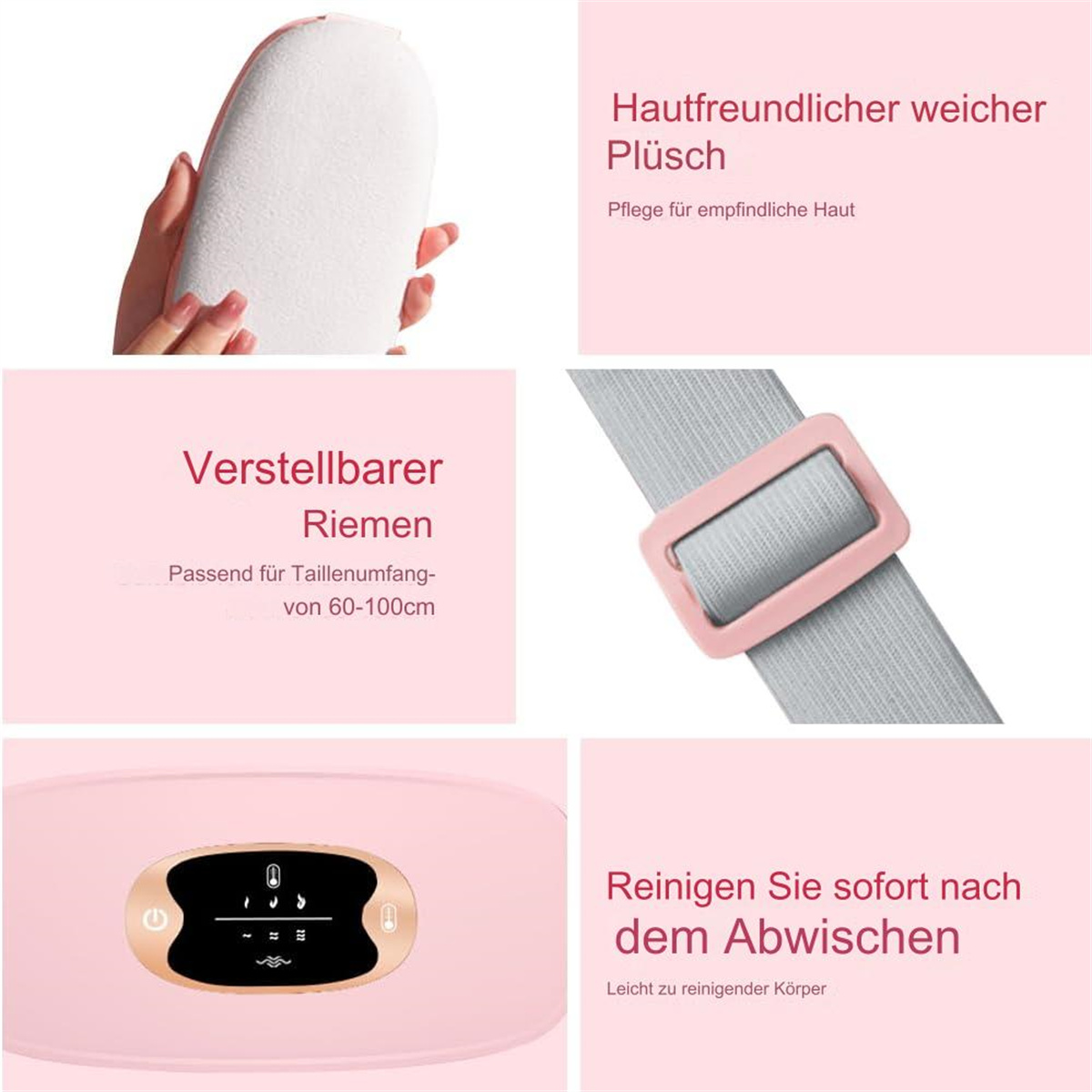 Rosa Gerät mit weißem Kissen und Riemen. Text auf Deutsch ist auf dem rosa Gerät sichtbar.