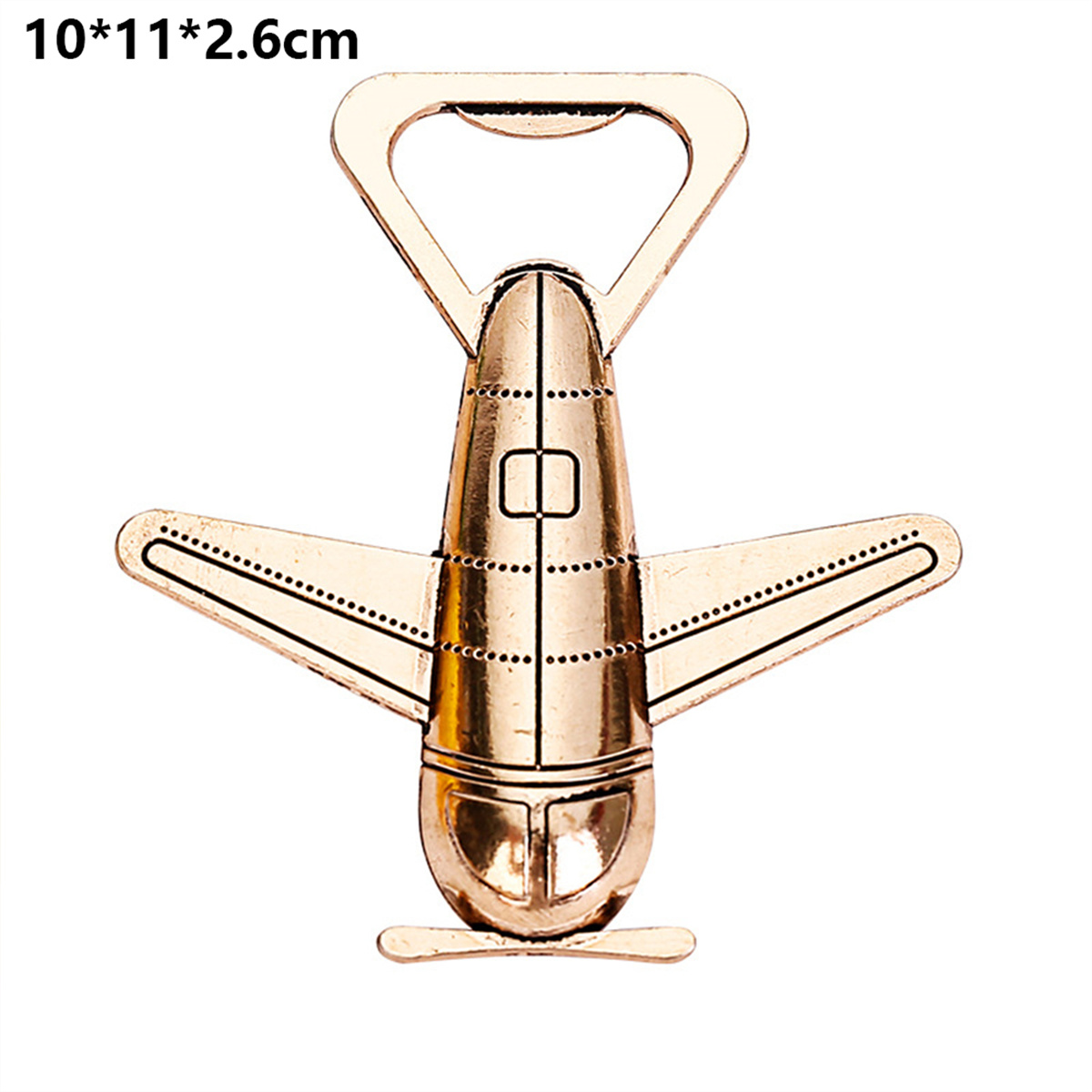 Goldener Flugzeug-Flaschenöffner. Es hat Flügel, einen Schwanz und eine Schlaufe oben. Weißer Hintergrund.