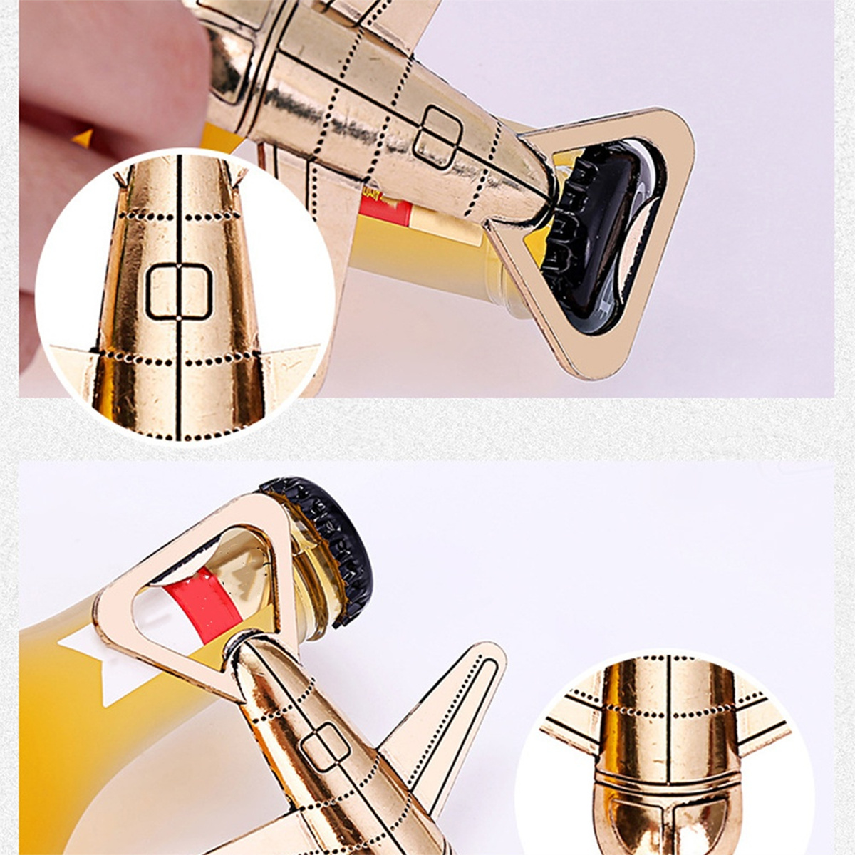 Ein goldener Flaschenöffner in Flugzeugform, der eine Flasche öffnet. Detaillierte Nahaufnahmen.