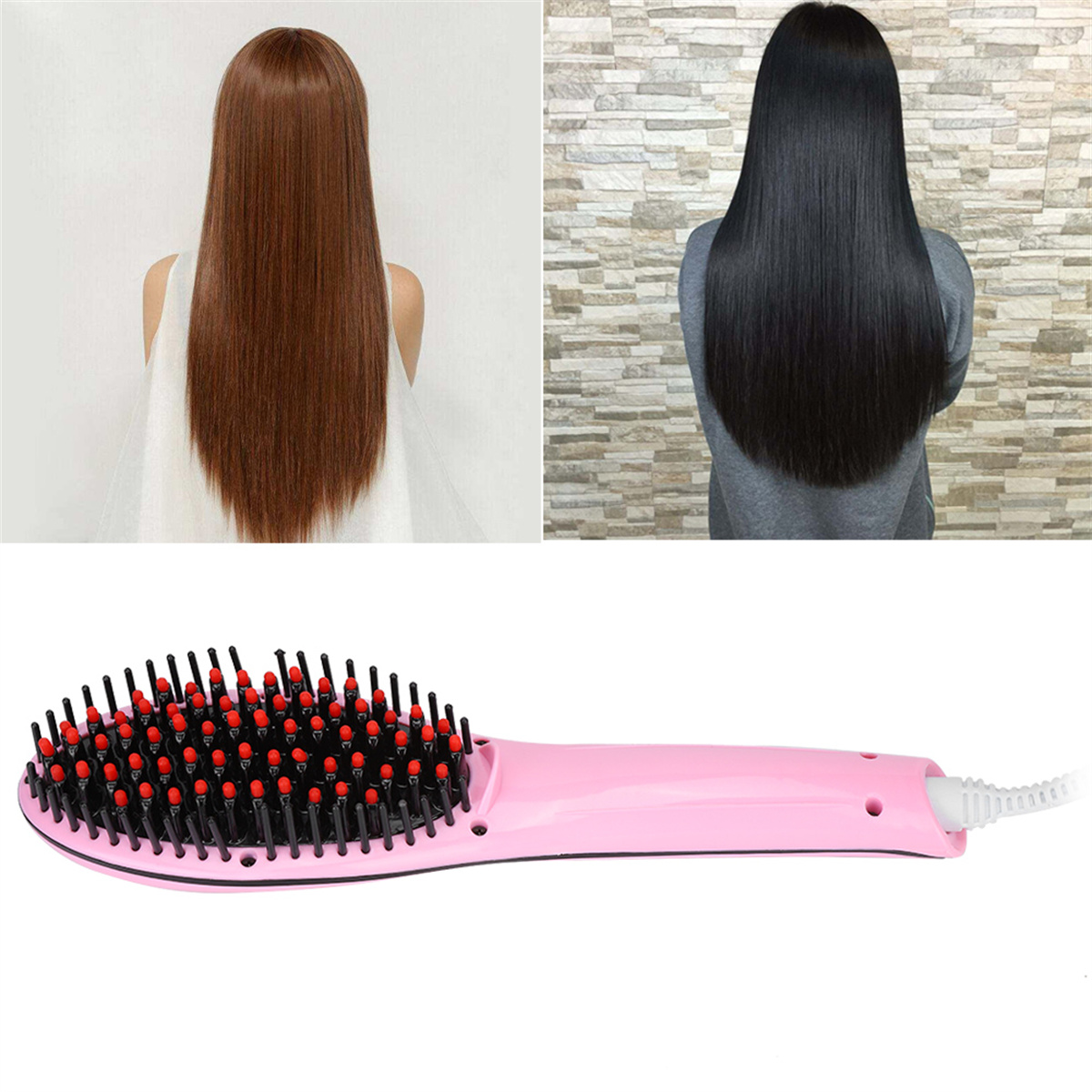 Zwei Frauenhaare und eine rosa Haarbürste. Eine Frau hat braunes Haar, die andere schwarz.