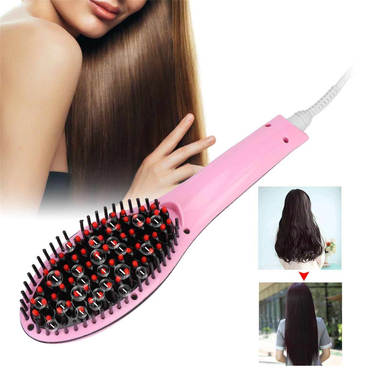 Eine rosa Haarglättungsbürste mit einer Frau und zwei Frisurenbeispielen.
