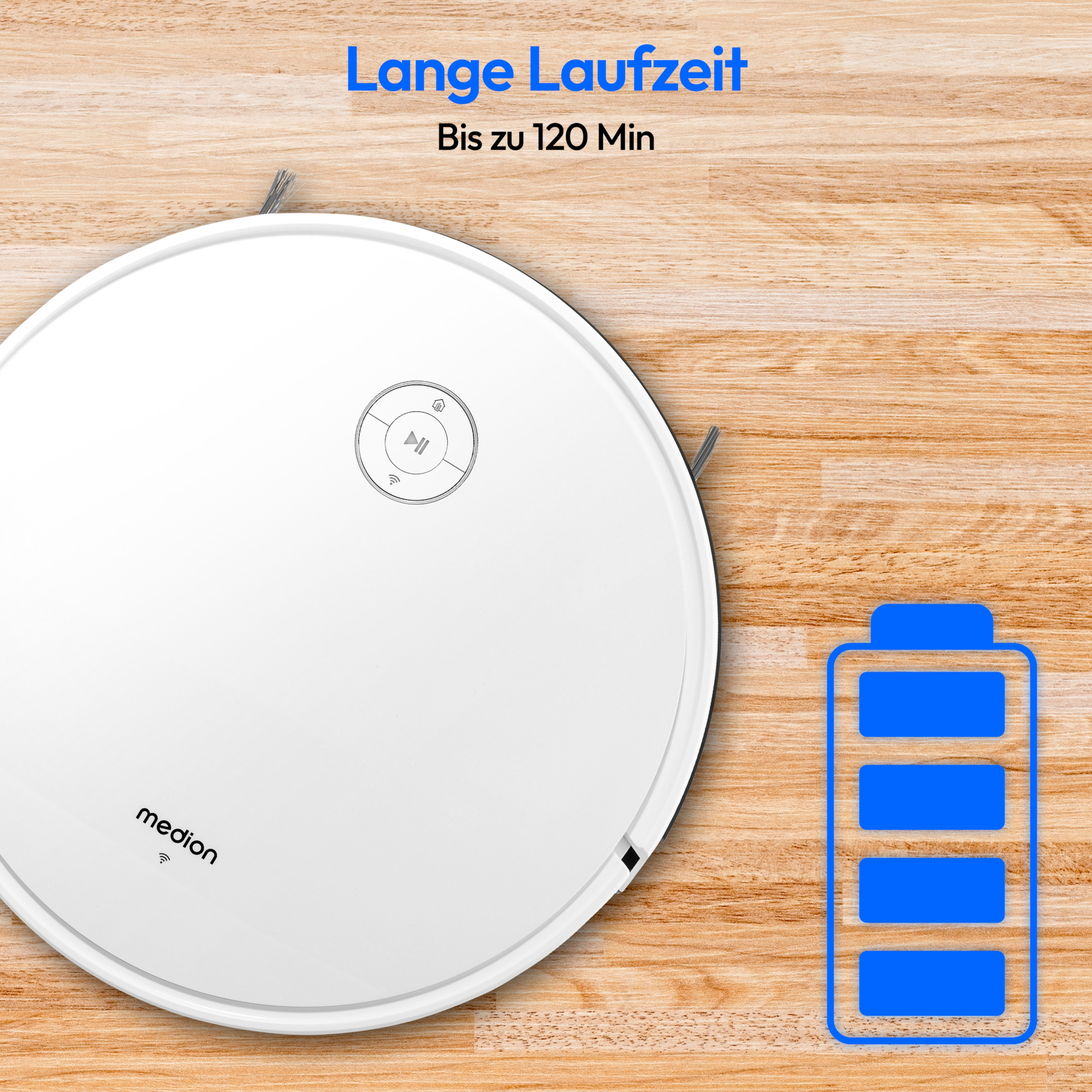 Biały odkurzacz automatyczny z niebieską ikoną baterii na drewnianej podłodze.