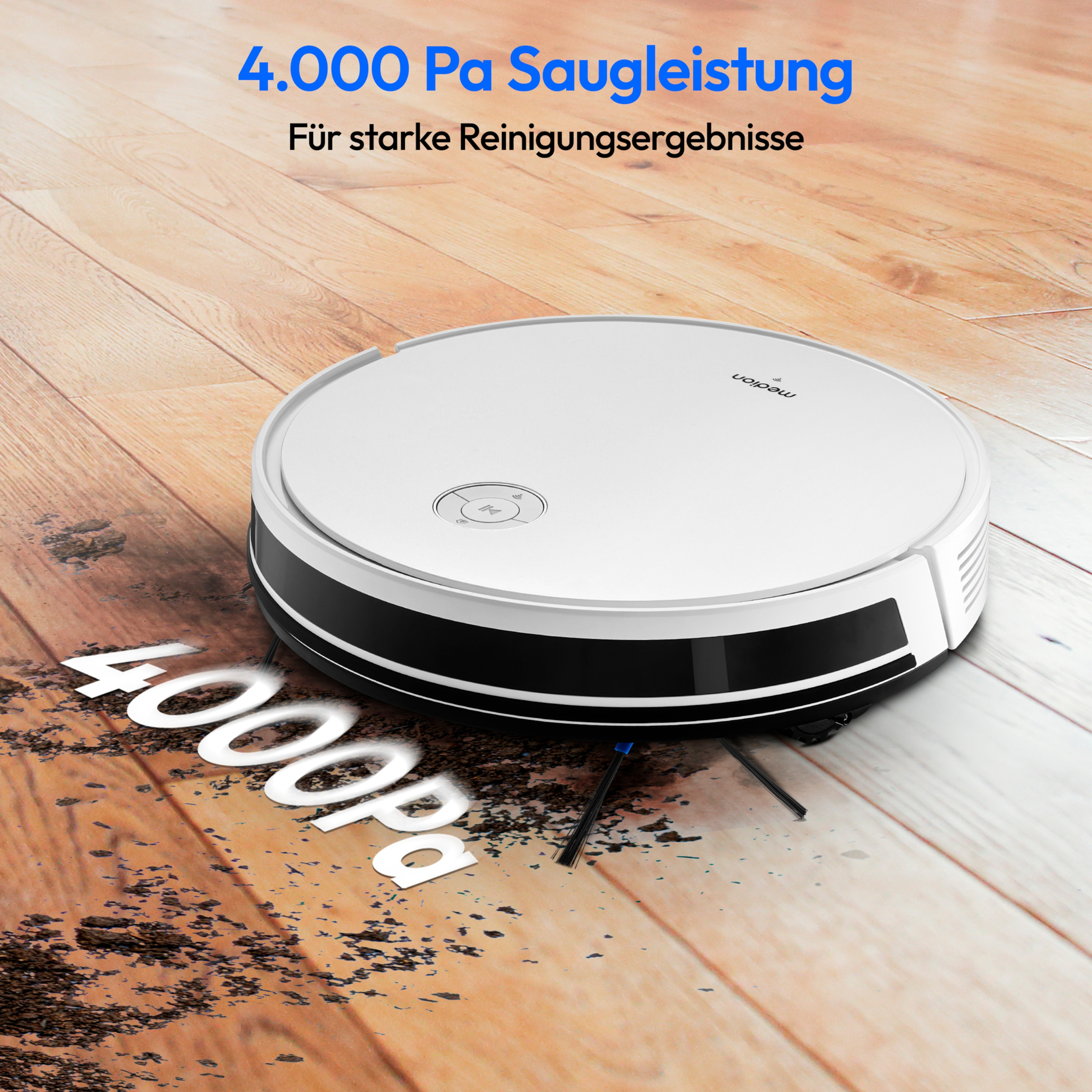 Biały i czarny robot odkurzający na drewnianej podłodze. Tekst w kolorze niebieskim nad urządzeniem.