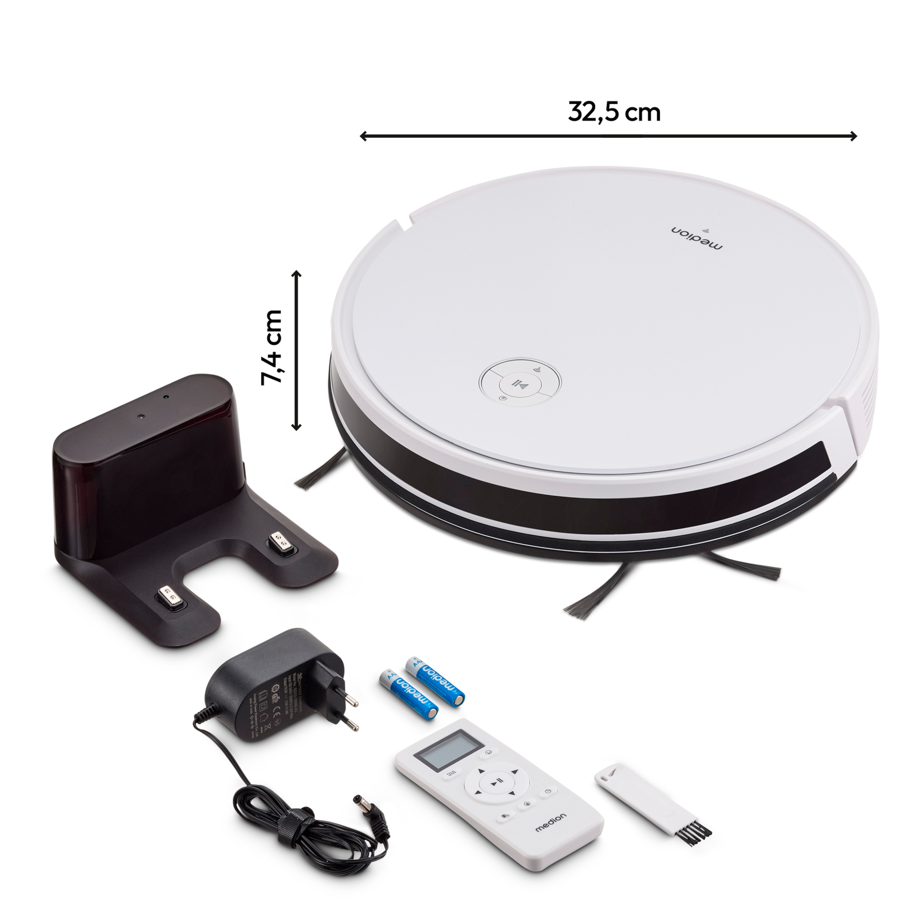 Biało-czarny robot sprzątający z akcesoriami i wymiarami.