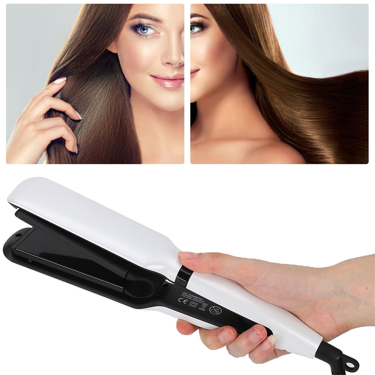 Eine Frau, die einen weißen und schwarzen Haarglätter benutzt, neben Bildern von Haaren vor und nach dem Glätten.