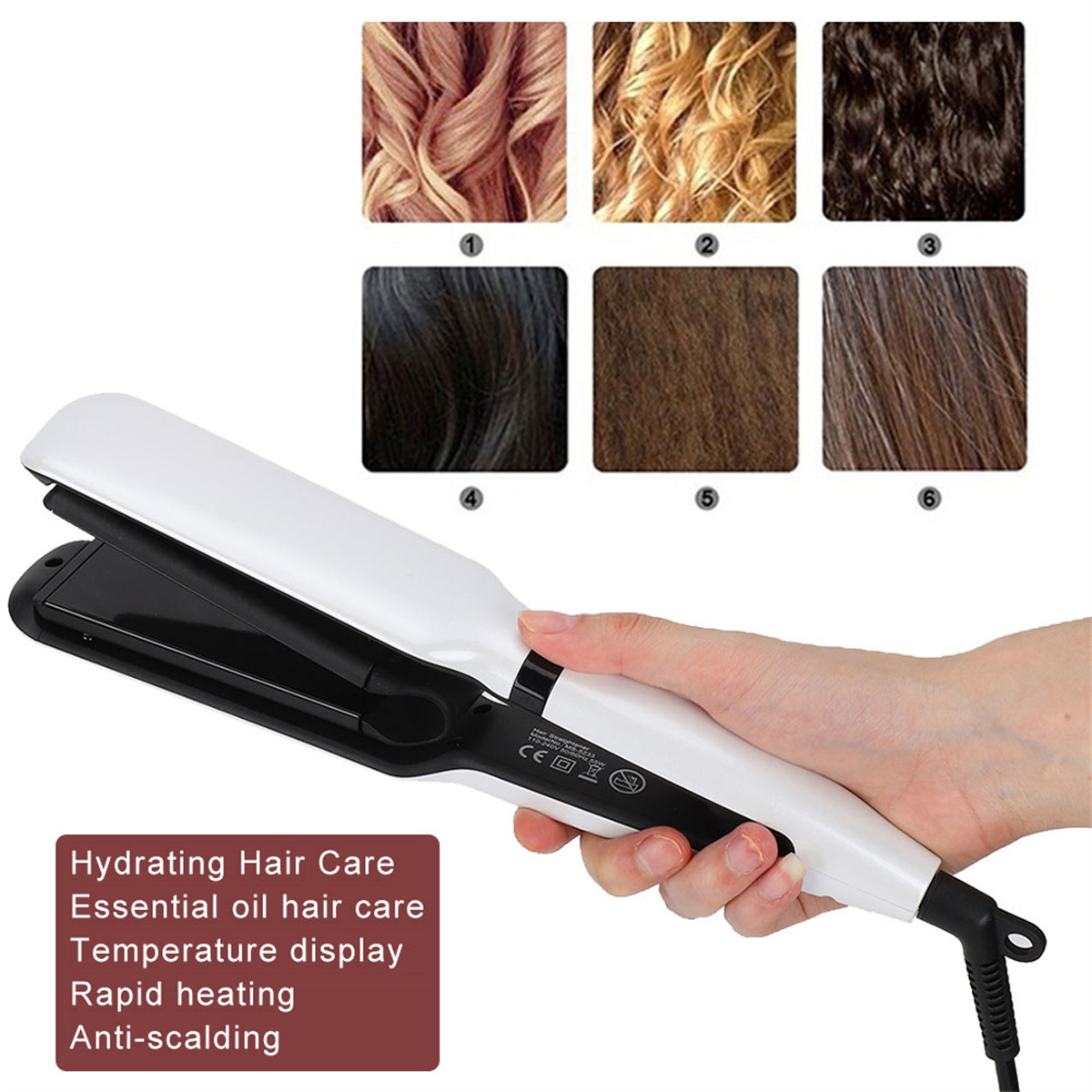 Haarglätter mit Haarproben. Weißes Werkzeug mit schwarzen Platten. Isoliert.