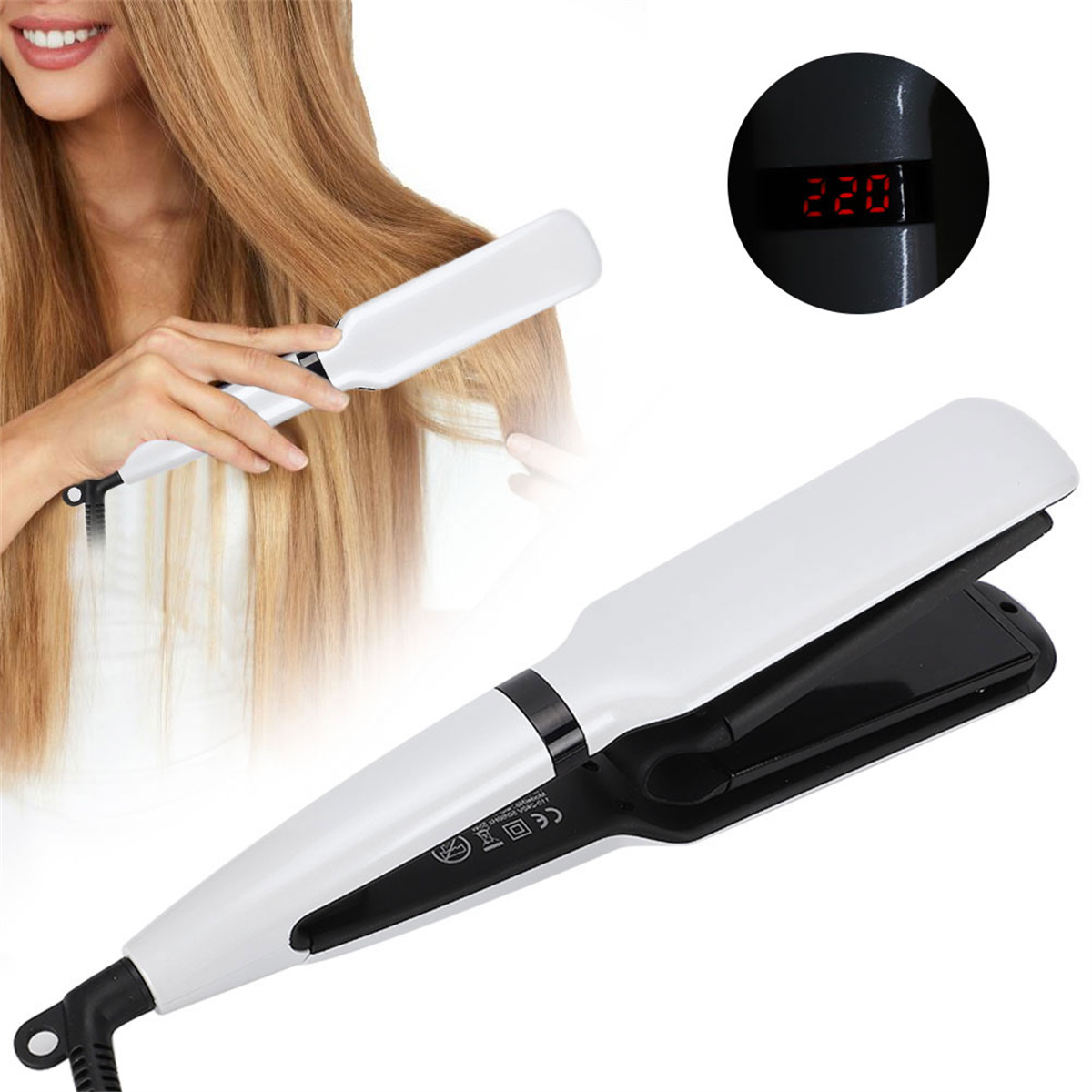 Eine Frau benutzt einen weißen Haarglätter mit digitaler Anzeige.