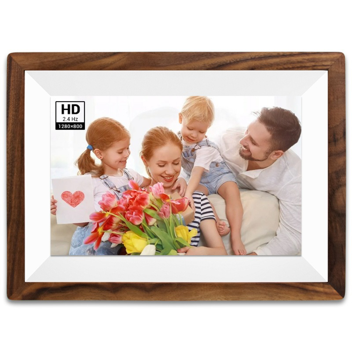 Digitaler Bilderrahmen mit Familie, Blumen und Zeichnung. HD-Logo auf dem Rahmen.