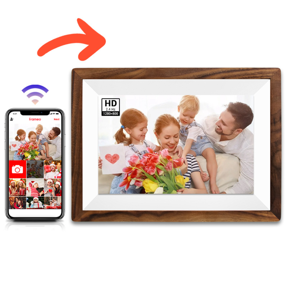 Digitaler Bilderrahmen mit Familienfotos. Ein Telefon links ist per WLAN verbunden, ein Pfeil zeigt auf den Rahmen.