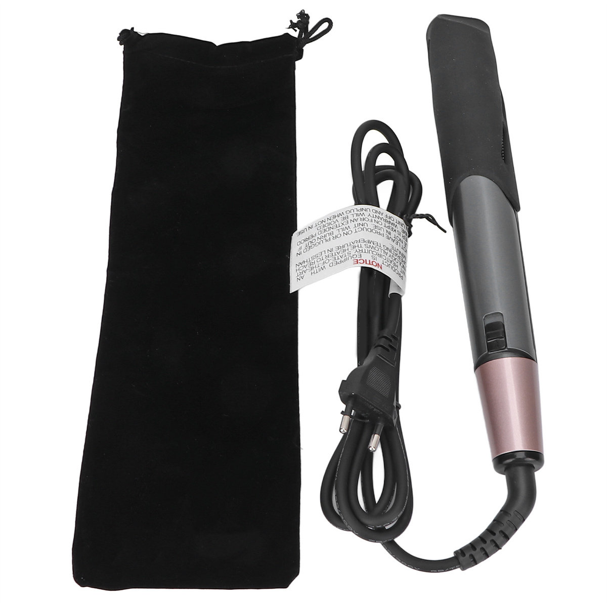 Ein schwarzer Haarglätter mit schwarzem Kabel und schwarzem Aufbewahrungsbeutel wird auf einer weißen Oberfläche gezeigt.