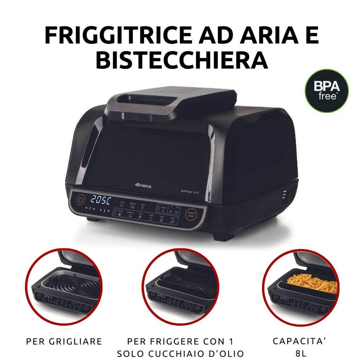 Czarna frytownica powietrzna z trzema widokami komory gotowania.