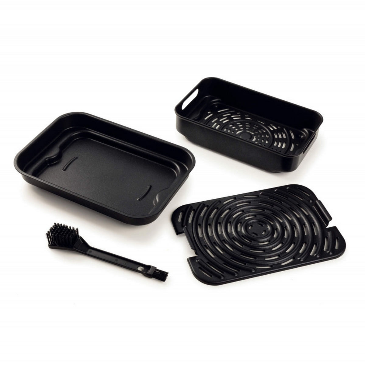 Czarne akcesoria do frytkownicy beztłuszczowej: taca, kosz, szczotka i ruszt.