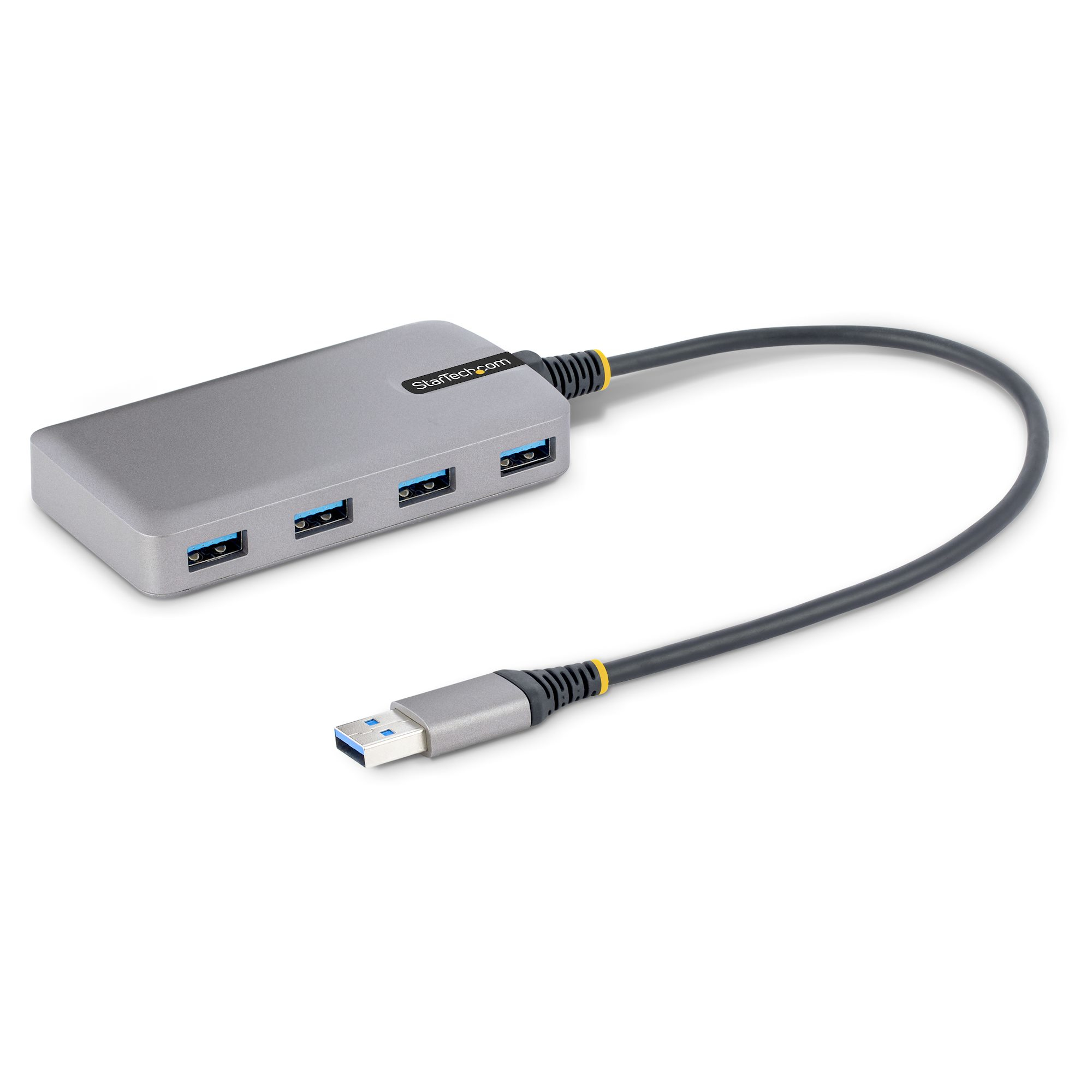 Ein grauer USB-Hub mit vier Anschlüssen. Ein Kabel führt zu einem USB-Anschluss.