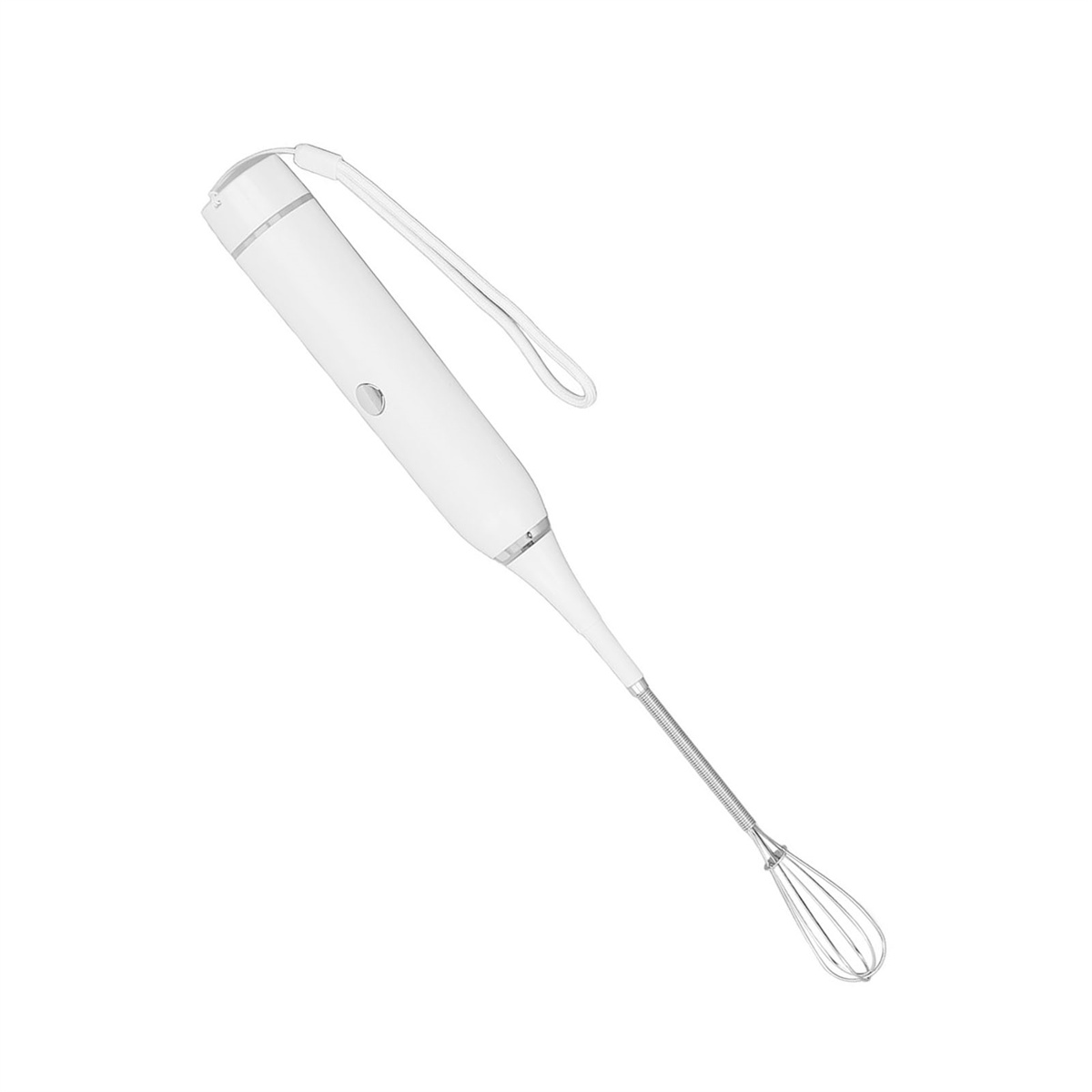 Ein weißer Handmixer auf weißem Hintergrund. Der Mixer hat einen Griff und einen Schneebesenaufsatz.