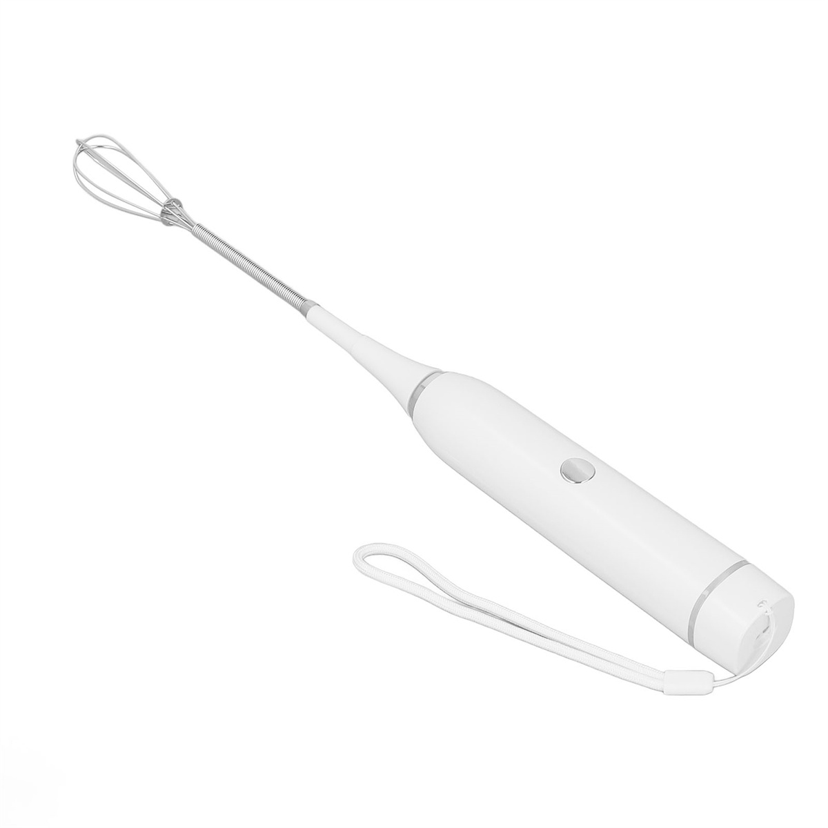 Ein weißer kabelloser Handmixer mit Schneebesenaufsatz.