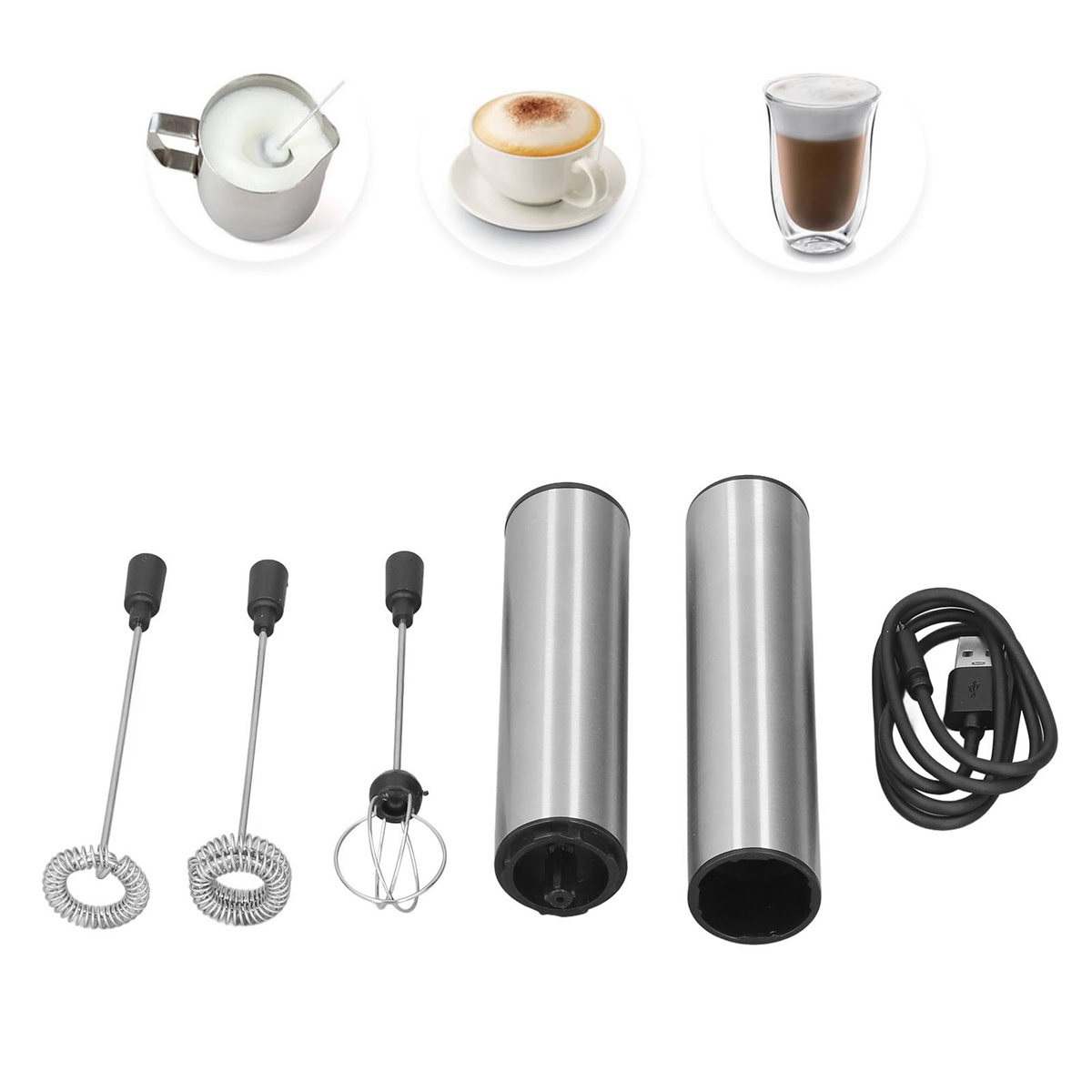Kaffeemaschinenkomponenten: Aufschäumer, Tassen und USB-Kabel.