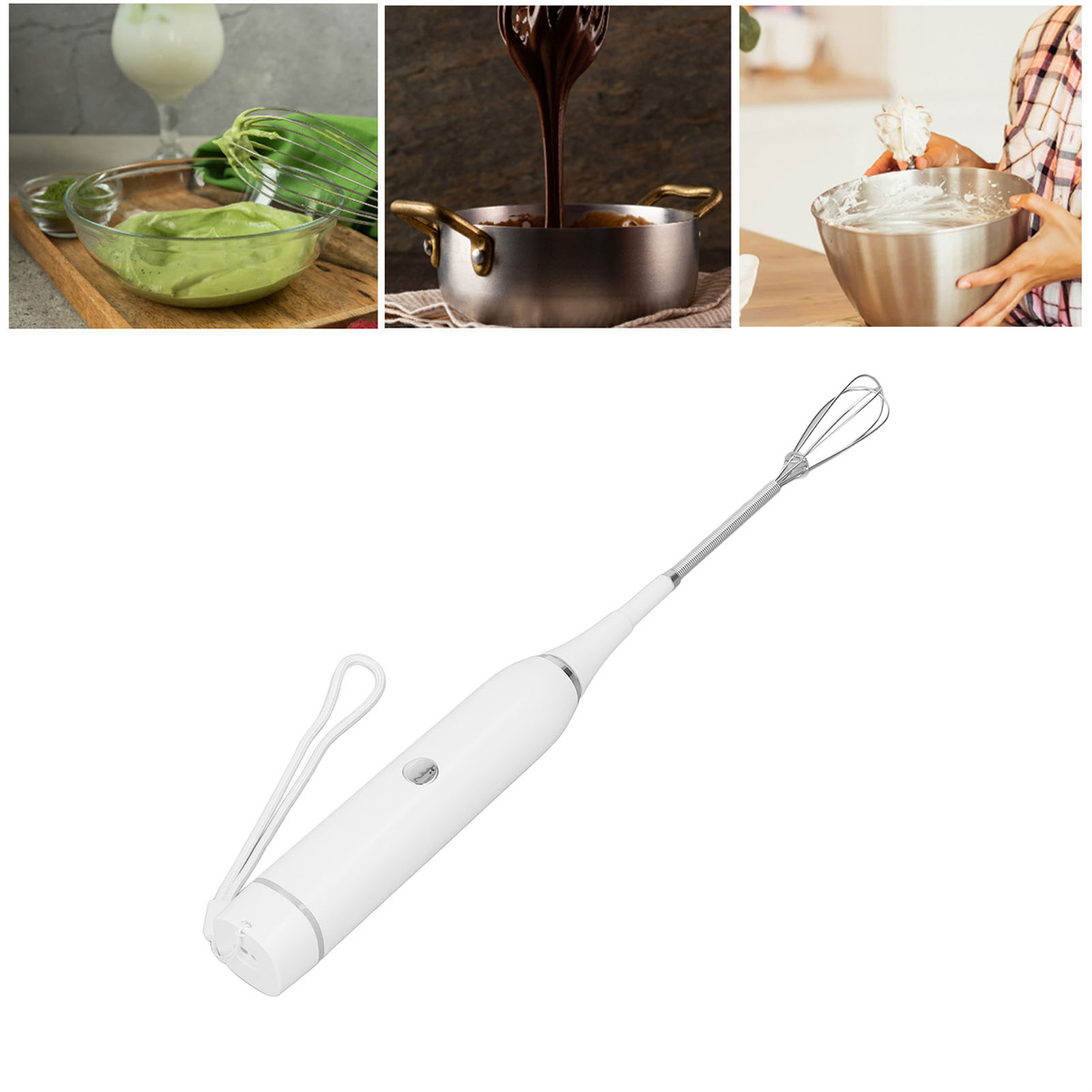 Ein weißer elektrischer Handmixer mit Schneebesenaufsatz und Bildern vom Kochen mit dem Mixer.