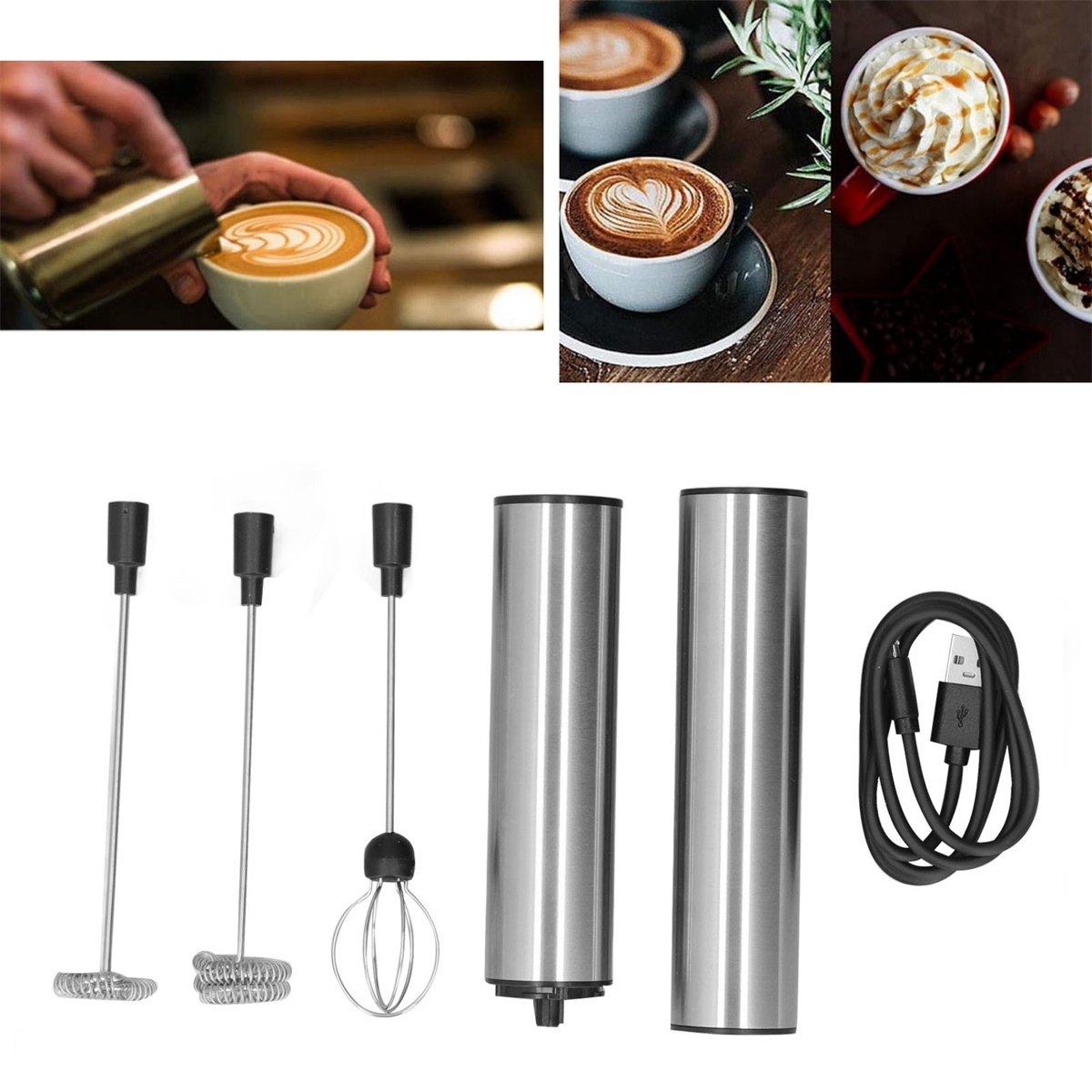 Kaffee-Kunst und Aufschäumwerkzeuge: Kaffee mit Herzen, ein Milchaufschäumer und Edelstahlzubehör.