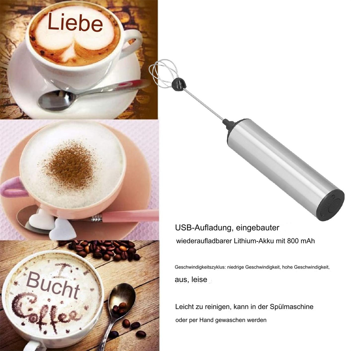 Kaffeetassen mit Latte Art und ein silberner elektrischer Milchaufschäumer.