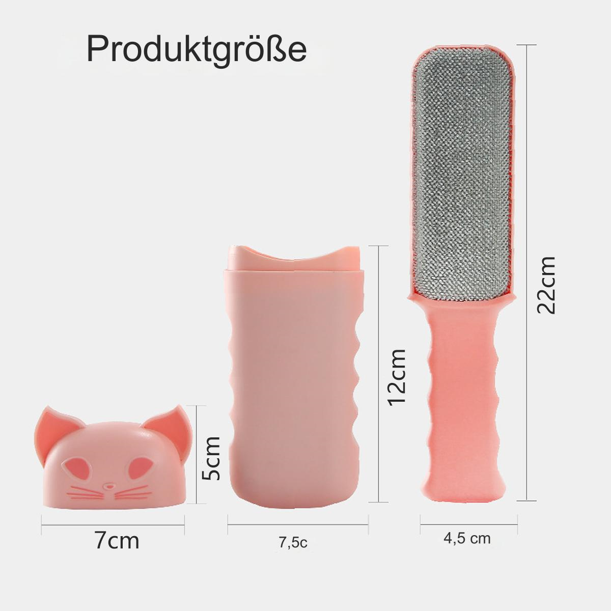 Eine rosa Tierhaarentfernerbürste mit Behälter auf weißem Hintergrund.
