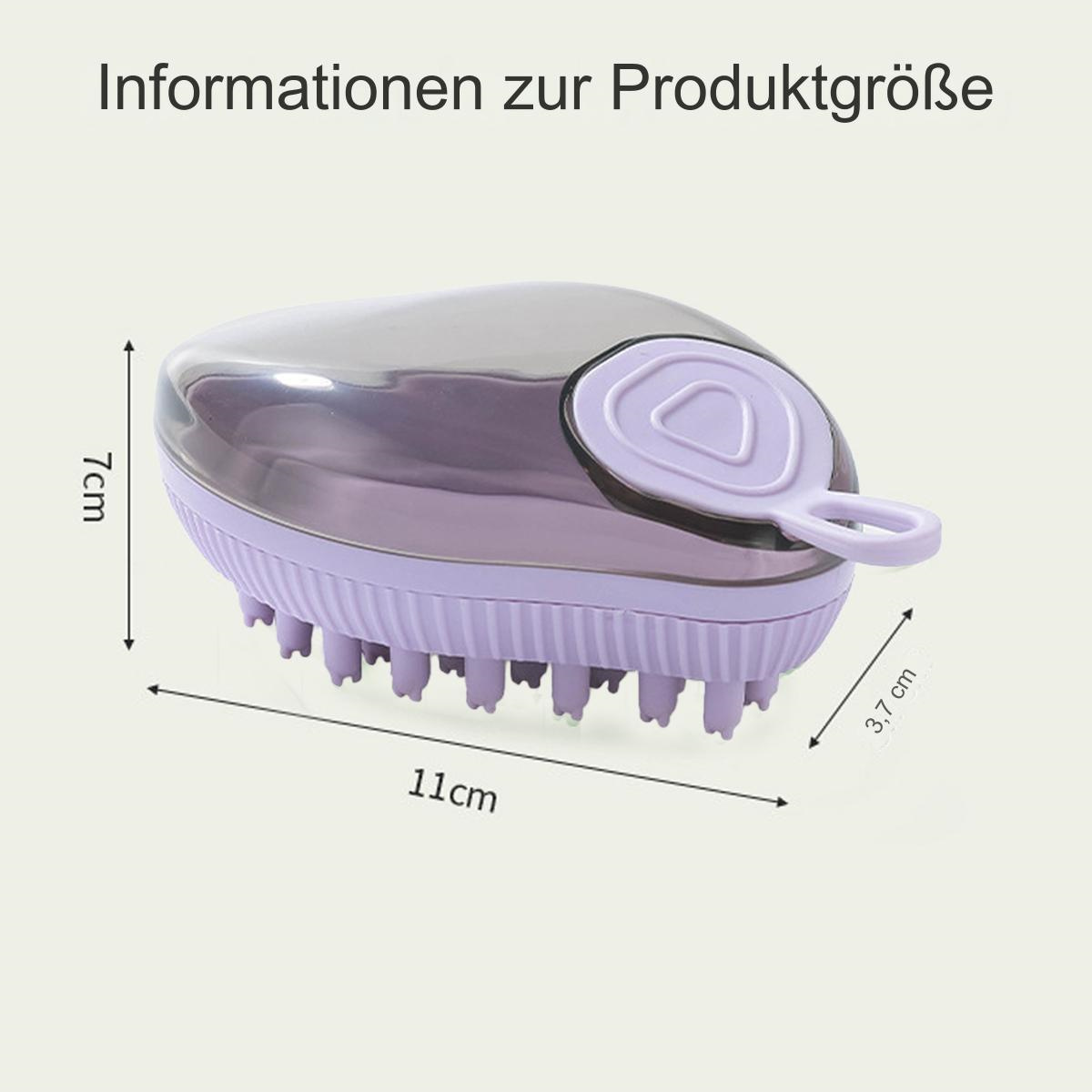 Lila Kopfmassagegerät mit Abmessungen und deutscher Beschriftung. Es hat einen Griff und Borsten.