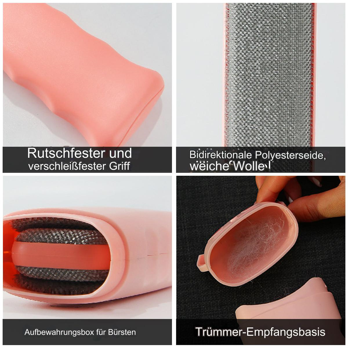 Nahaufnahmen einer rosa Fusselrolle, die den Griff, die Rollenoberfläche und einen Behälter zeigt.