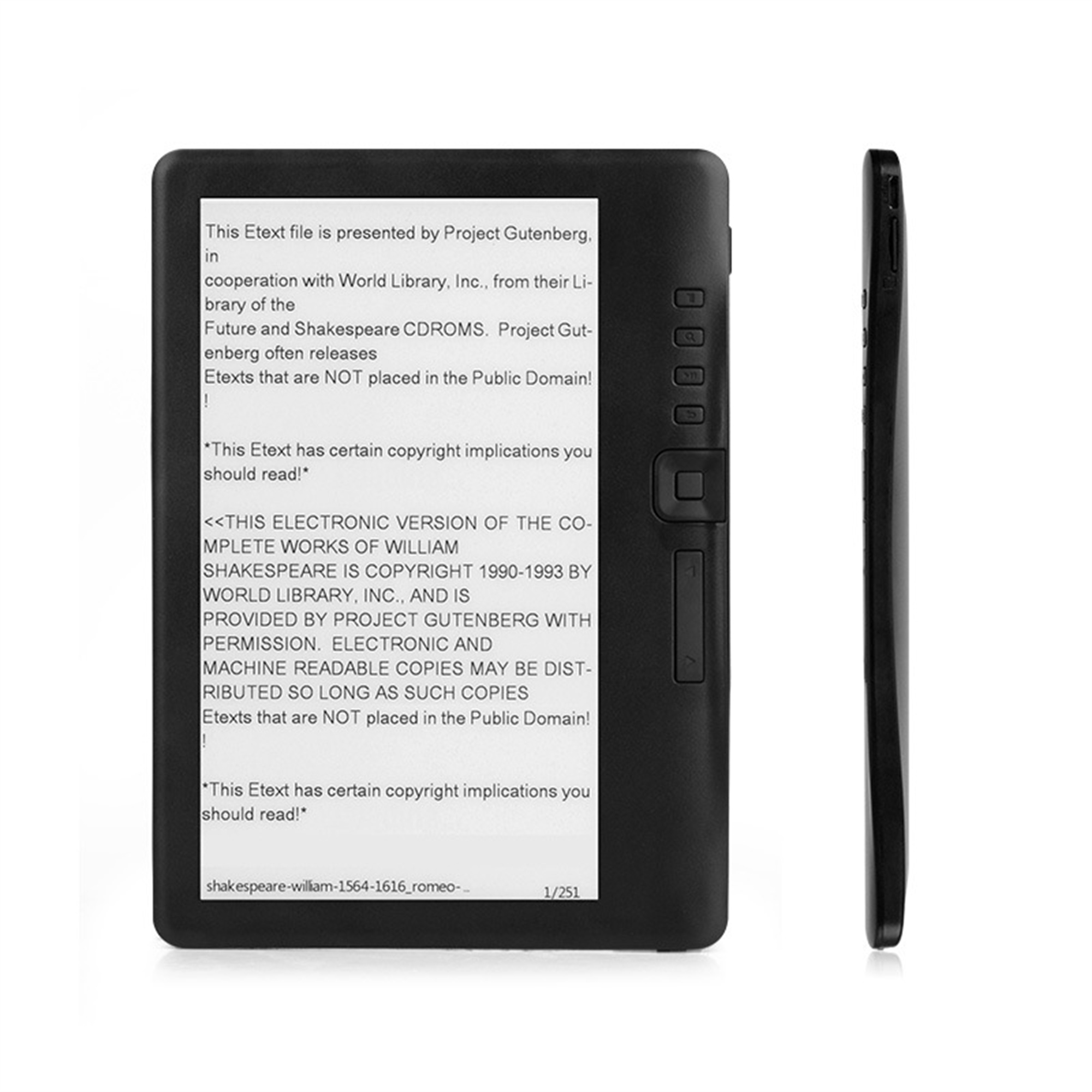 Schwarzer E-Reader zeigt Text. Seitenprofil zeigt Tasten. Weißer Hintergrund.