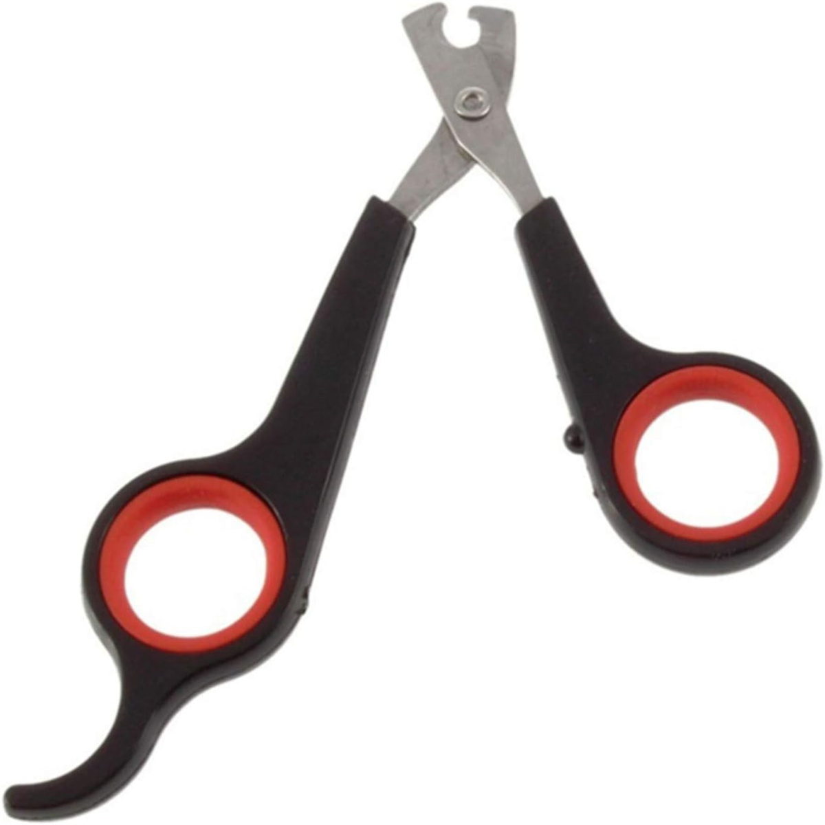 Krallenscheren für Haustiere, schwarze Griffe mit roten Ringen und silbernen Klingen, offen und einsatzbereit.