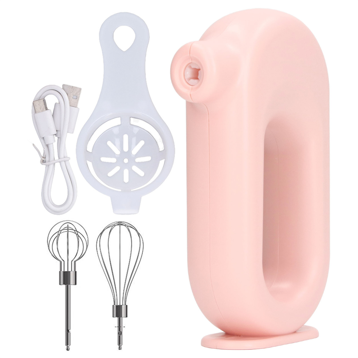 Rosa elektrischer Mixer mit Aufsätzen. Weißer Eiertrenner und Schneebesenaufsätze sind vorhanden.