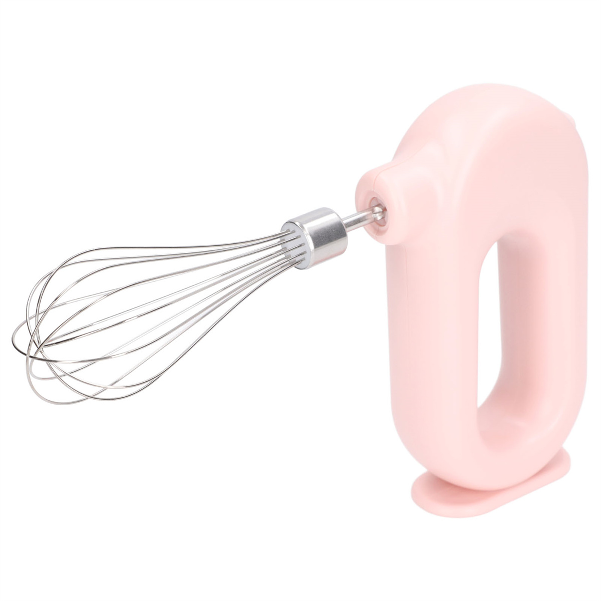 Rosa Handmixer auf weißem Hintergrund. Der Schneebesen ist silberfarben. Der Griff ist rosa.