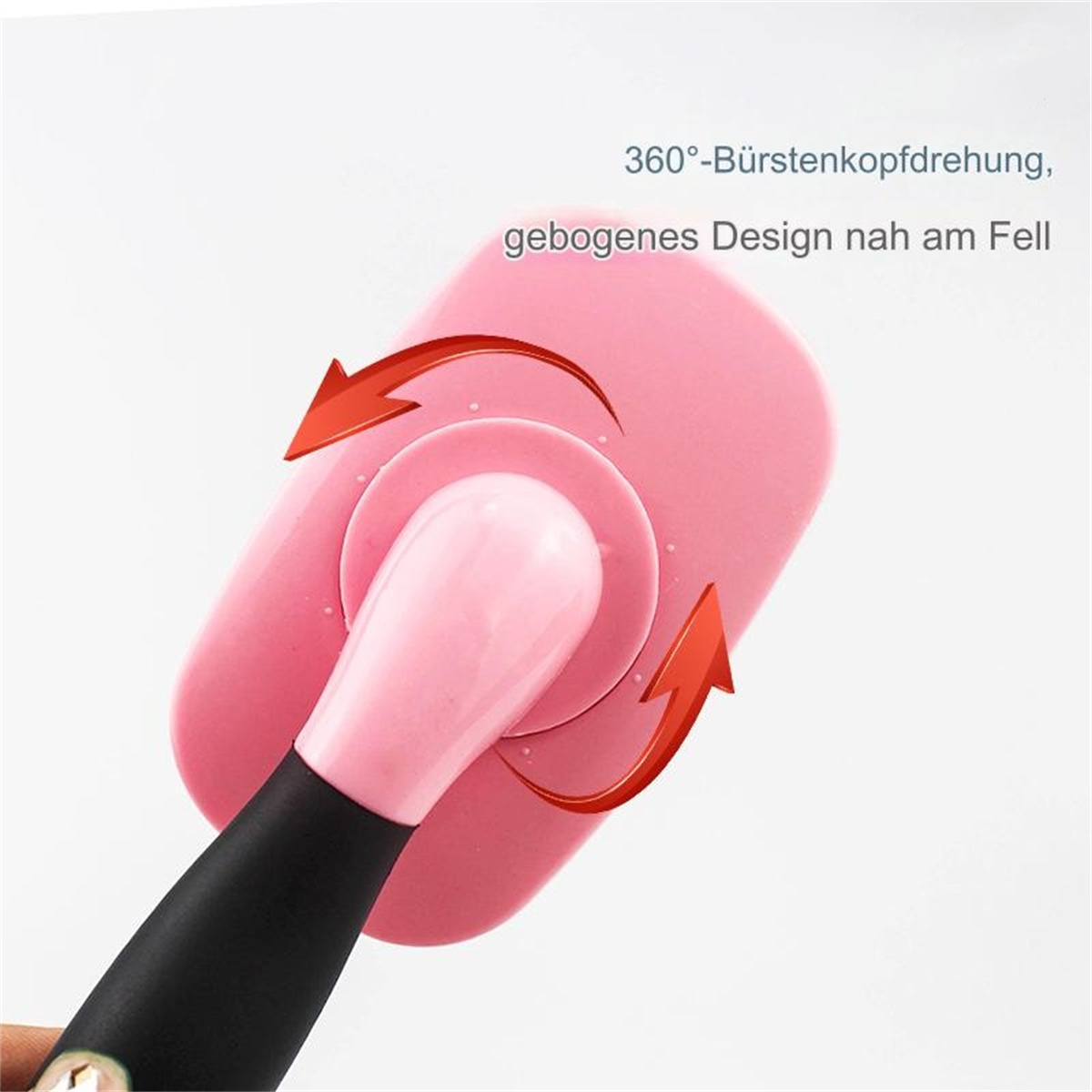 Eine pinke Haustierbürste mit schwarzem Griff. Die Bürste hat einen rotierenden Kopf mit Richtungspfeilen.