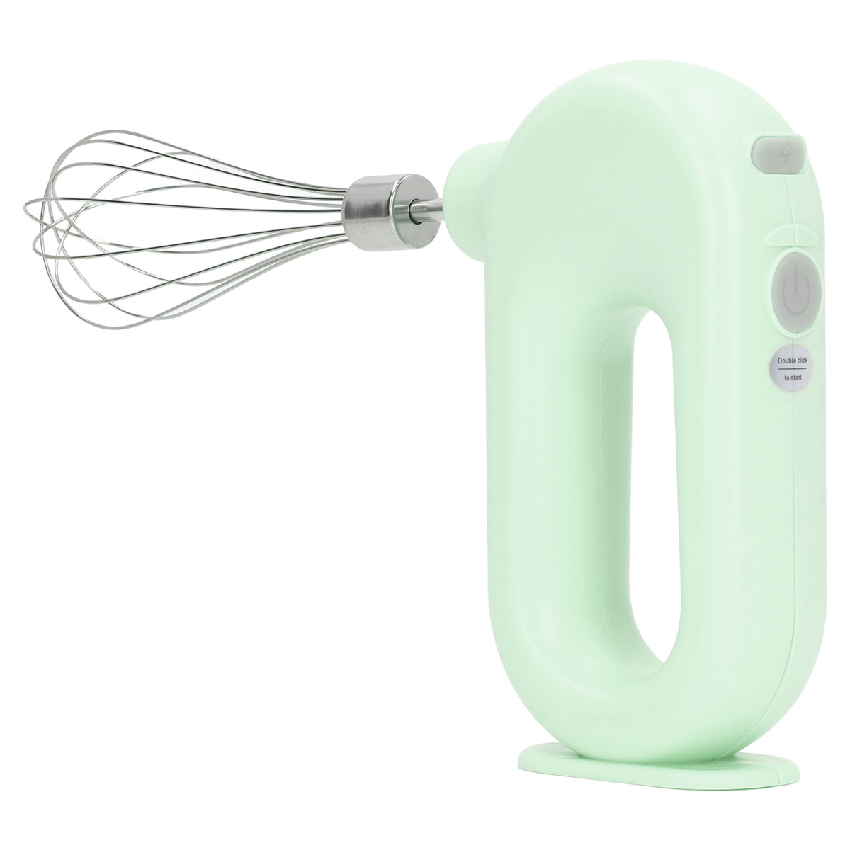 Grüner elektrischer Handmixer mit Schneebesenaufsatz.