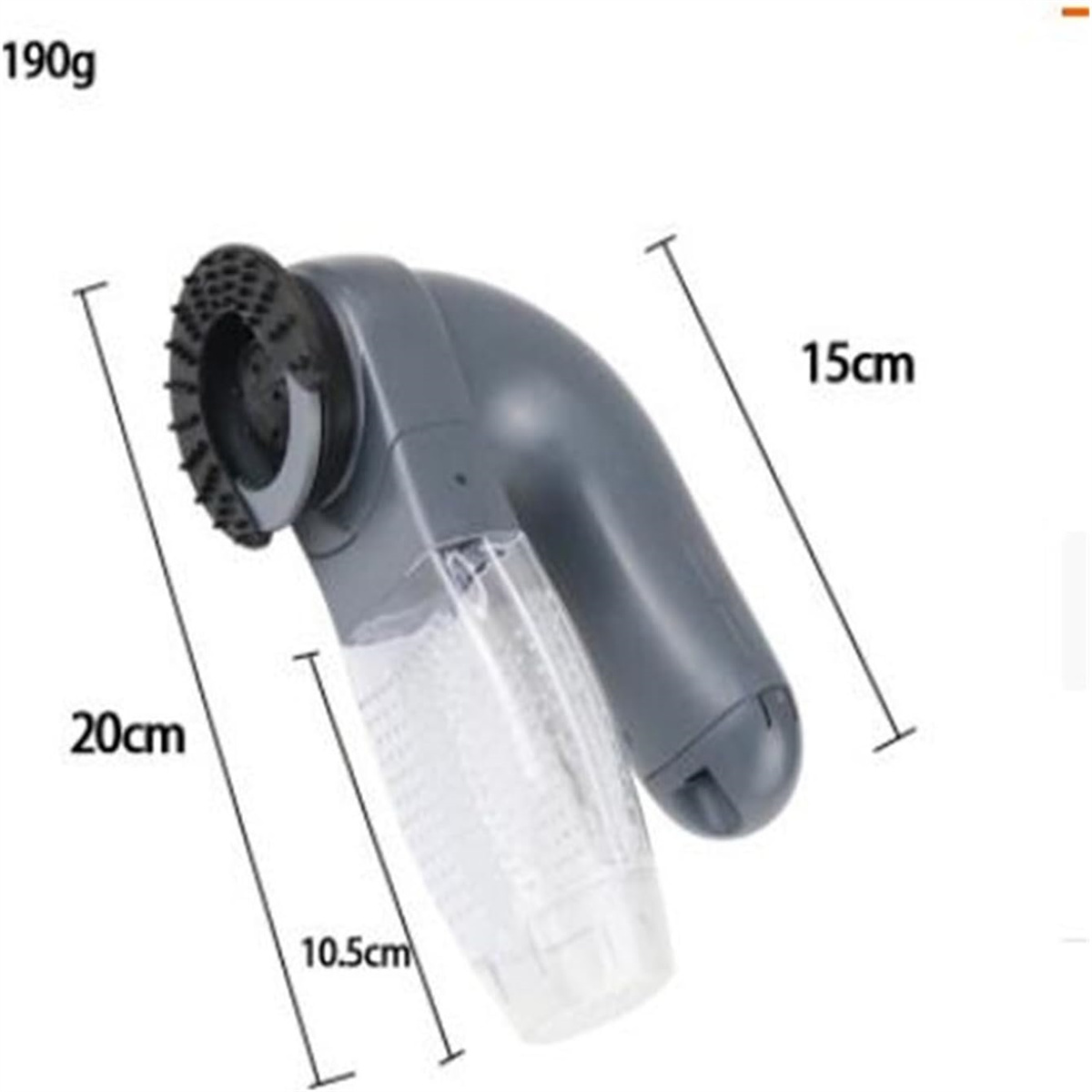 Grauer Tierhaar-Entferner mit Maßen: 20cm, 15cm und 10,5cm. Eine schwarze rotierende Bürste ist sichtbar.