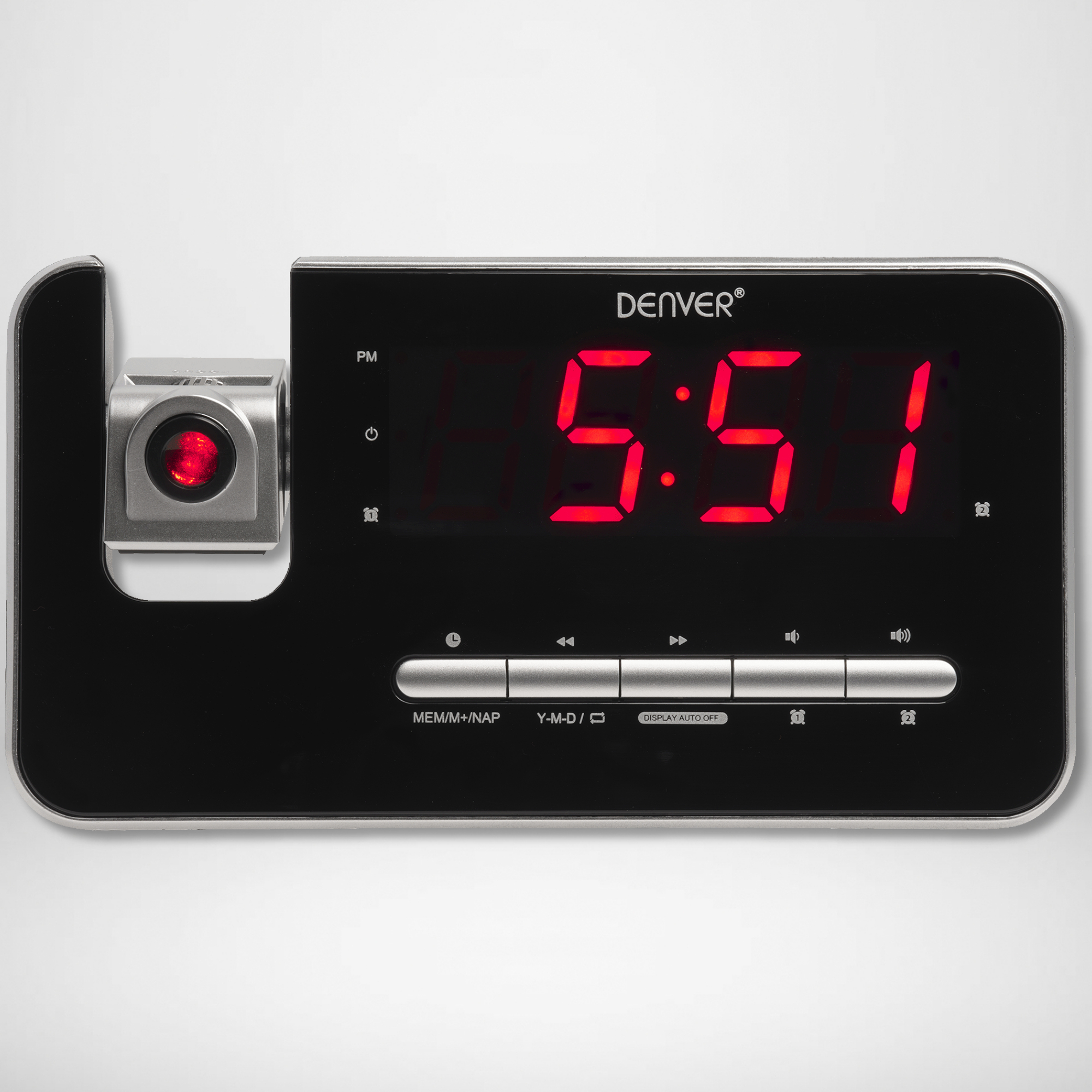 Black and silver digital alarm clock with a red time display and a projector on the side.
