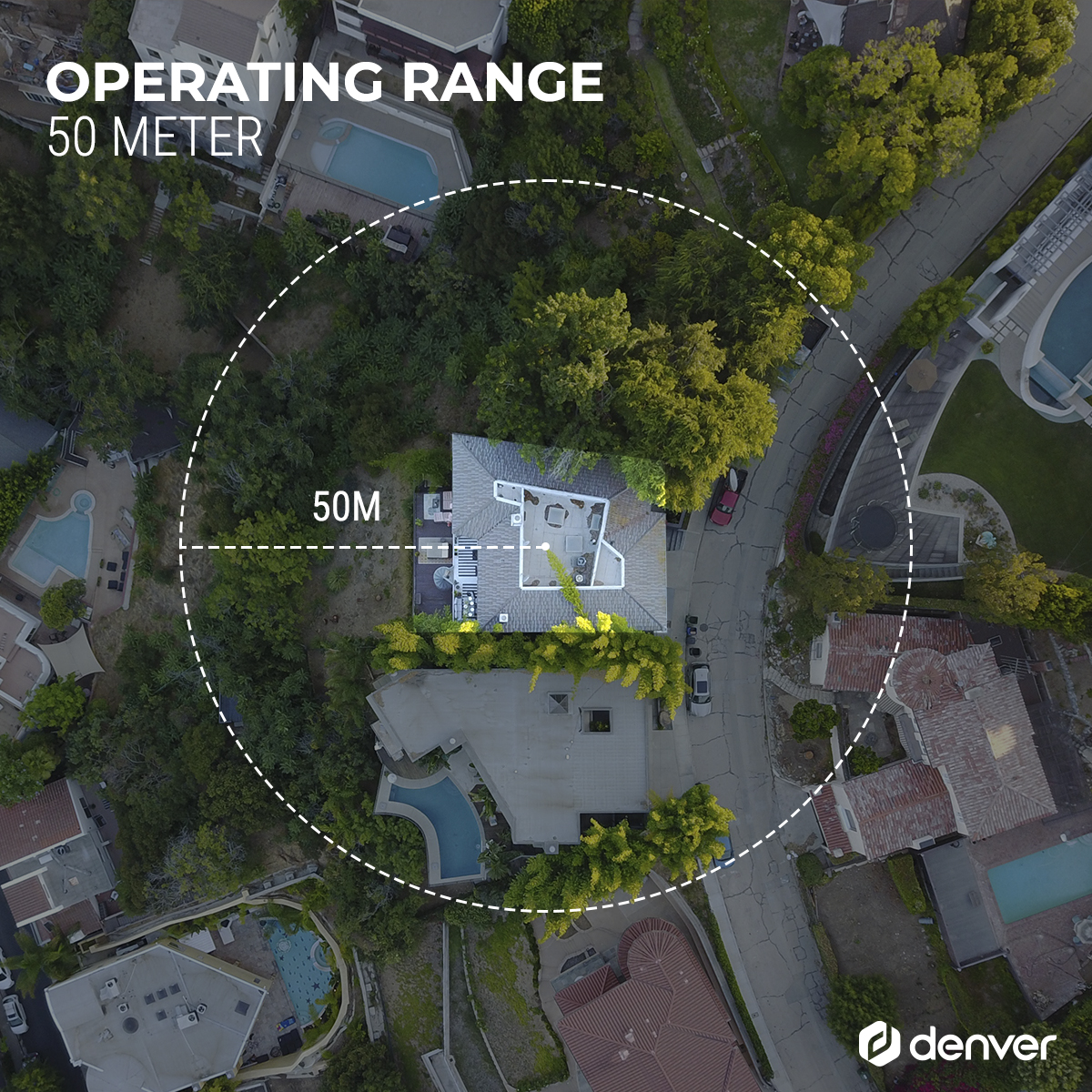 Aerial view of houses, trees, and a circular area labeled '50 meter' with a drone.