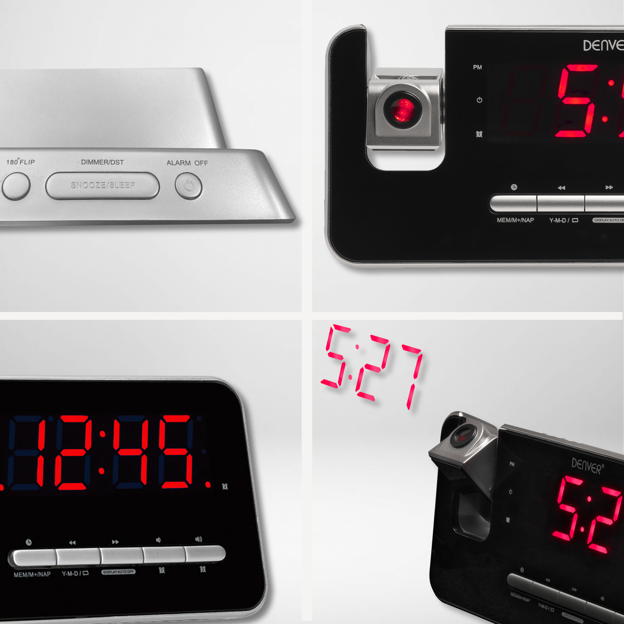 A black alarm clock with a red display projects time. The clock has buttons for settings. Four different angles are shown.