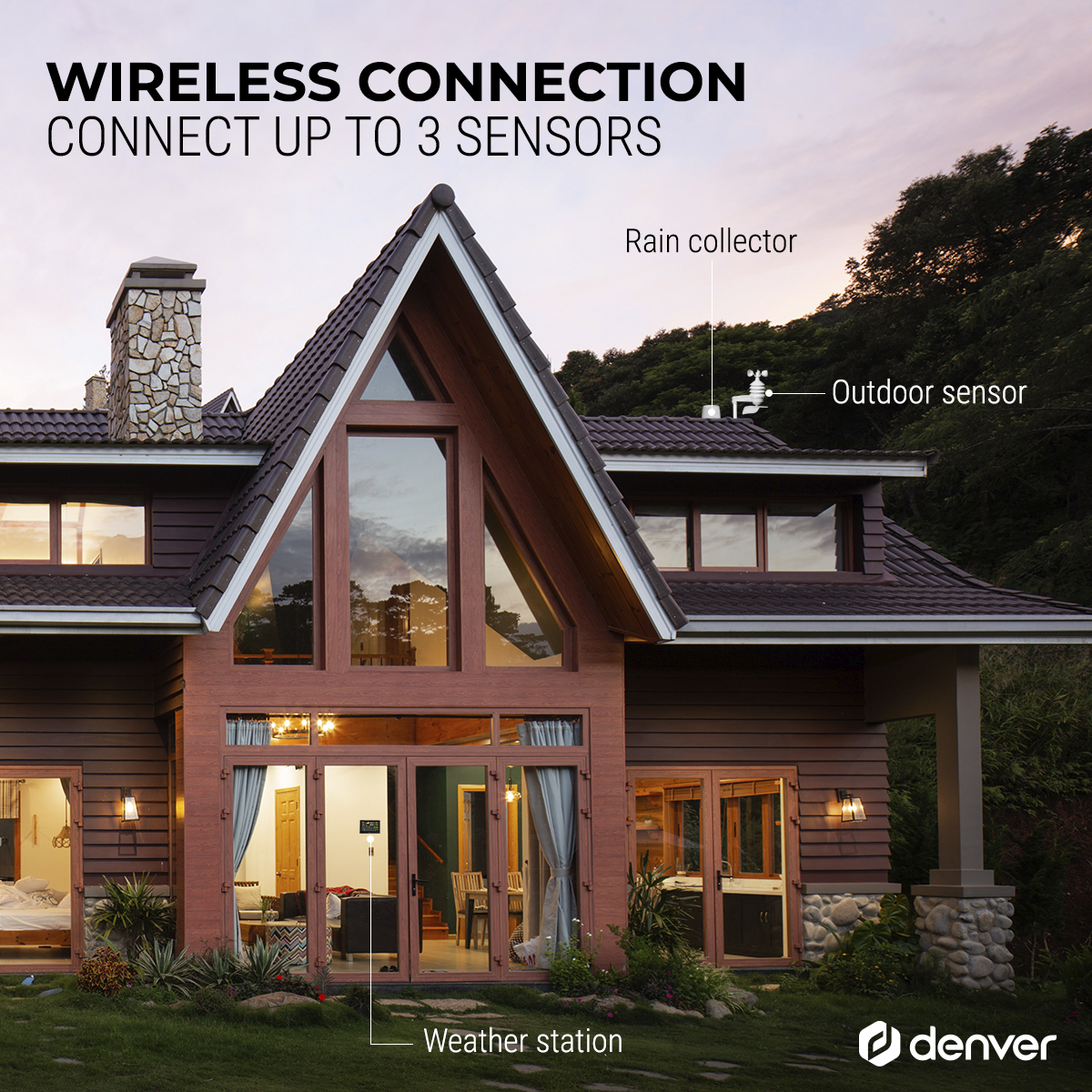 House with weather station, rain collector, and outdoor sensor. Surrounded by greenery.