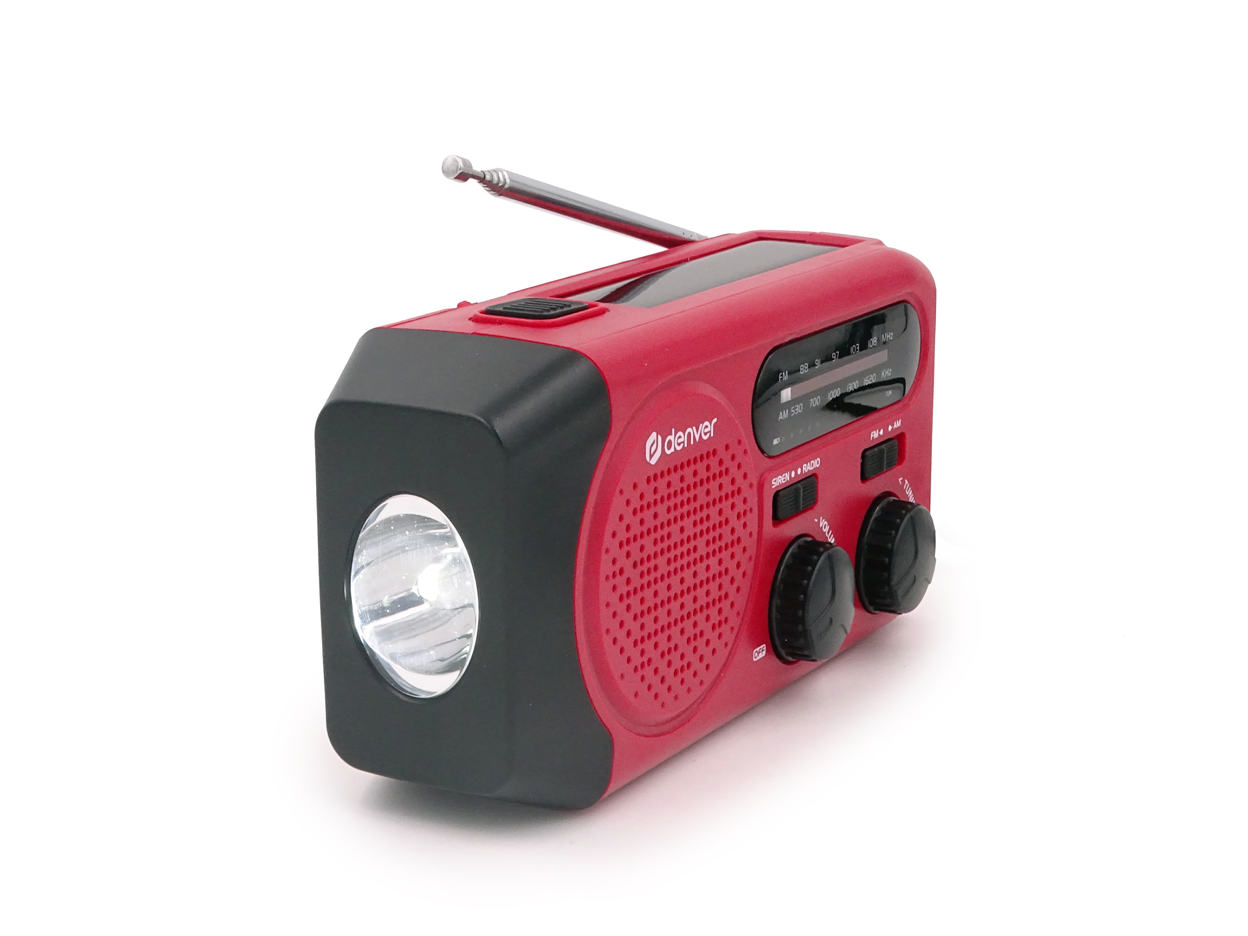 Red and black emergency radio with a flashlight. Antenna extended. White background.
