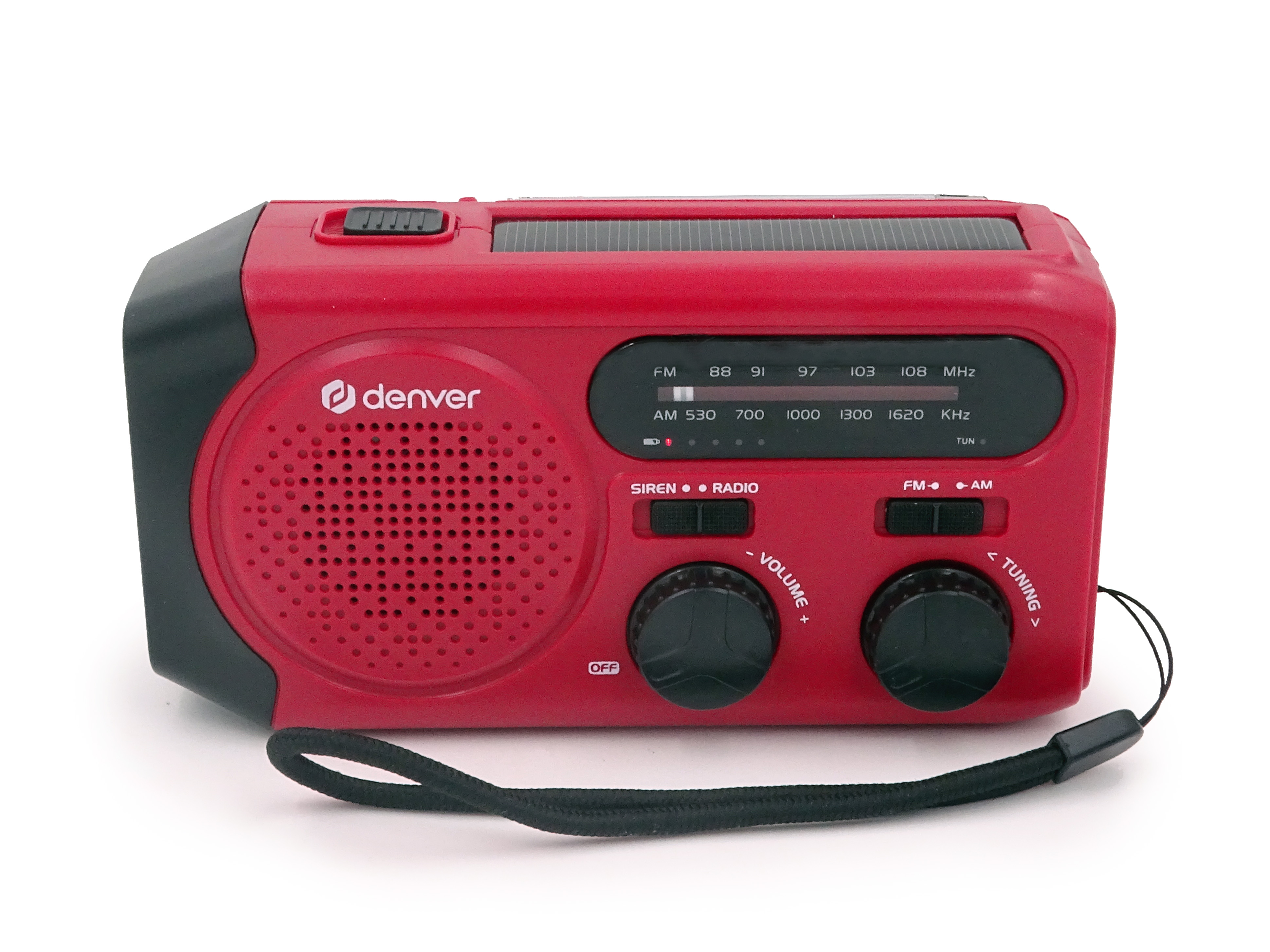 A red and black radio with a solar panel, volume and tuning knobs, and a carry strap.