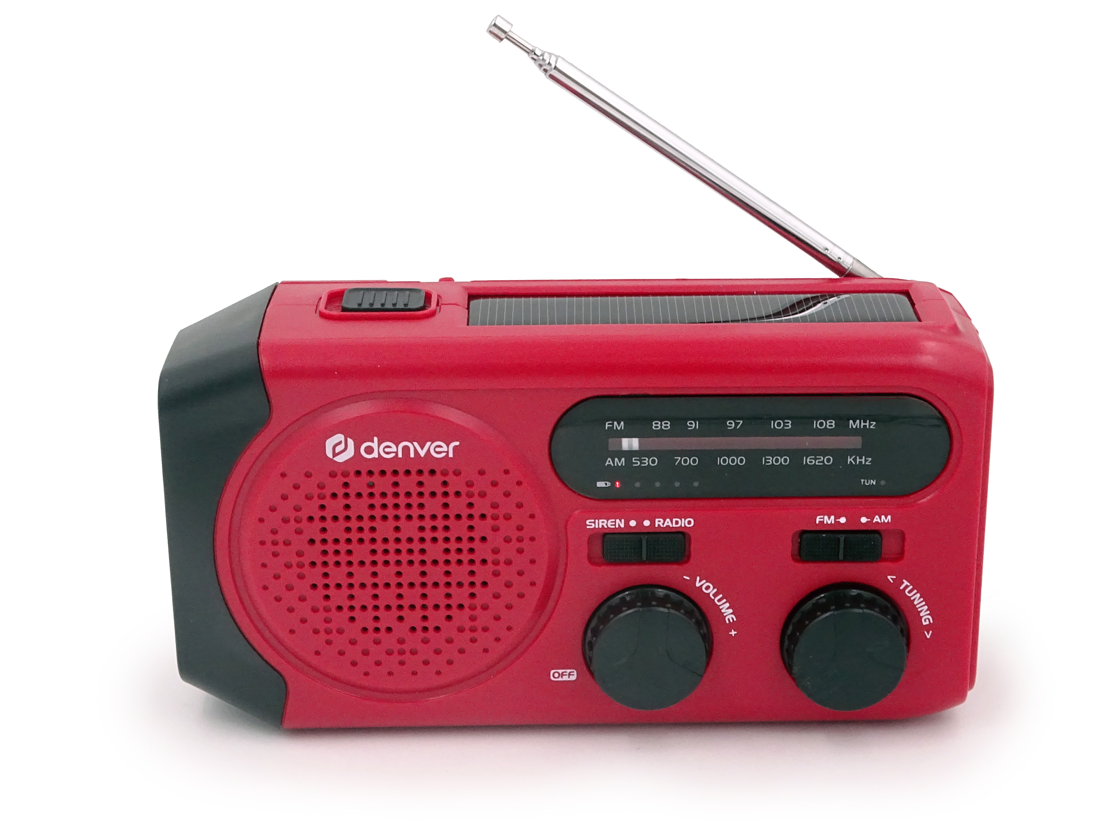 A red radio with an antenna, the word 'Denver' and control knobs.