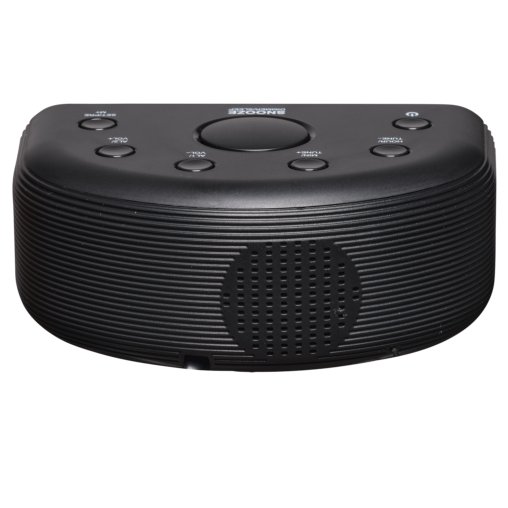 Czarny budzik z różnymi przyciskami i głośnikiem na białym tle.